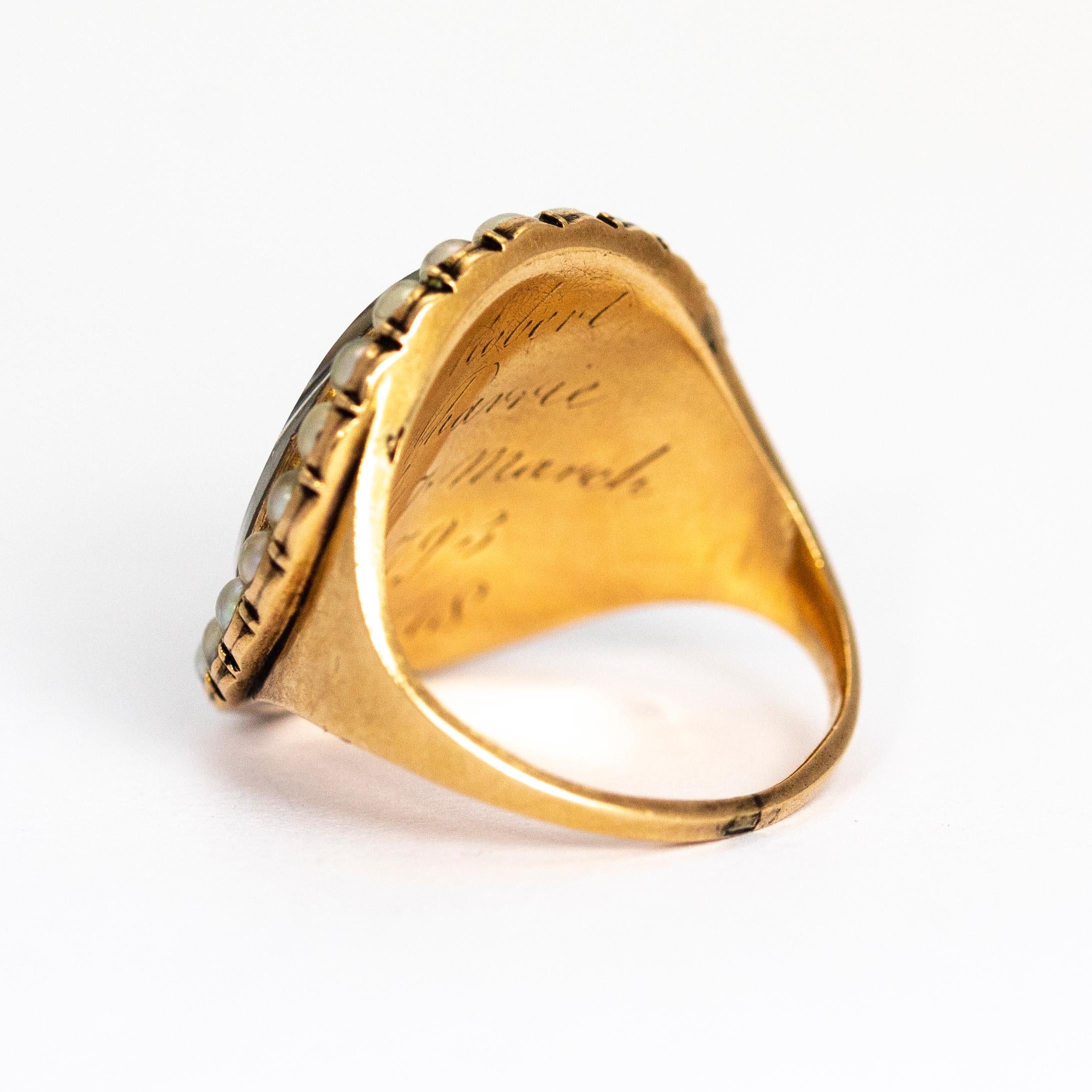 George III Georgian Pearl and Woven Hair Panel 9 Karat Gold Mourning Ring