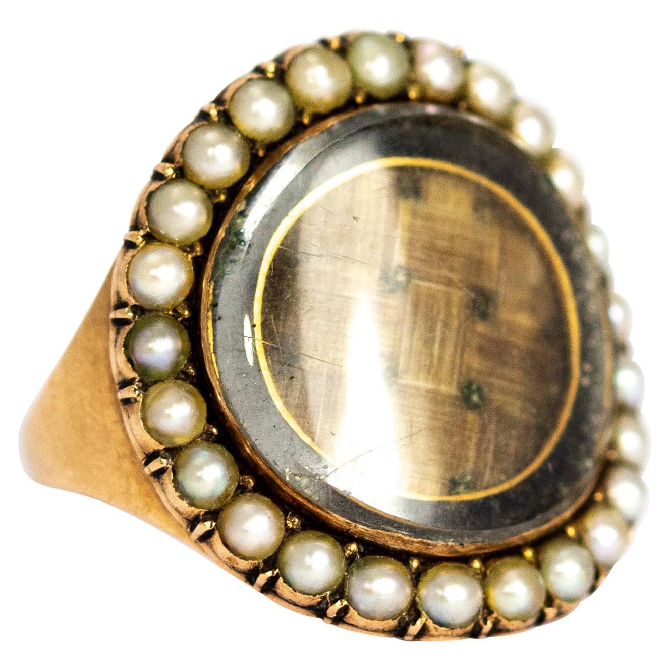 Georgian Pearl and Woven Hair Panel 9 Karat Gold Mourning Ring