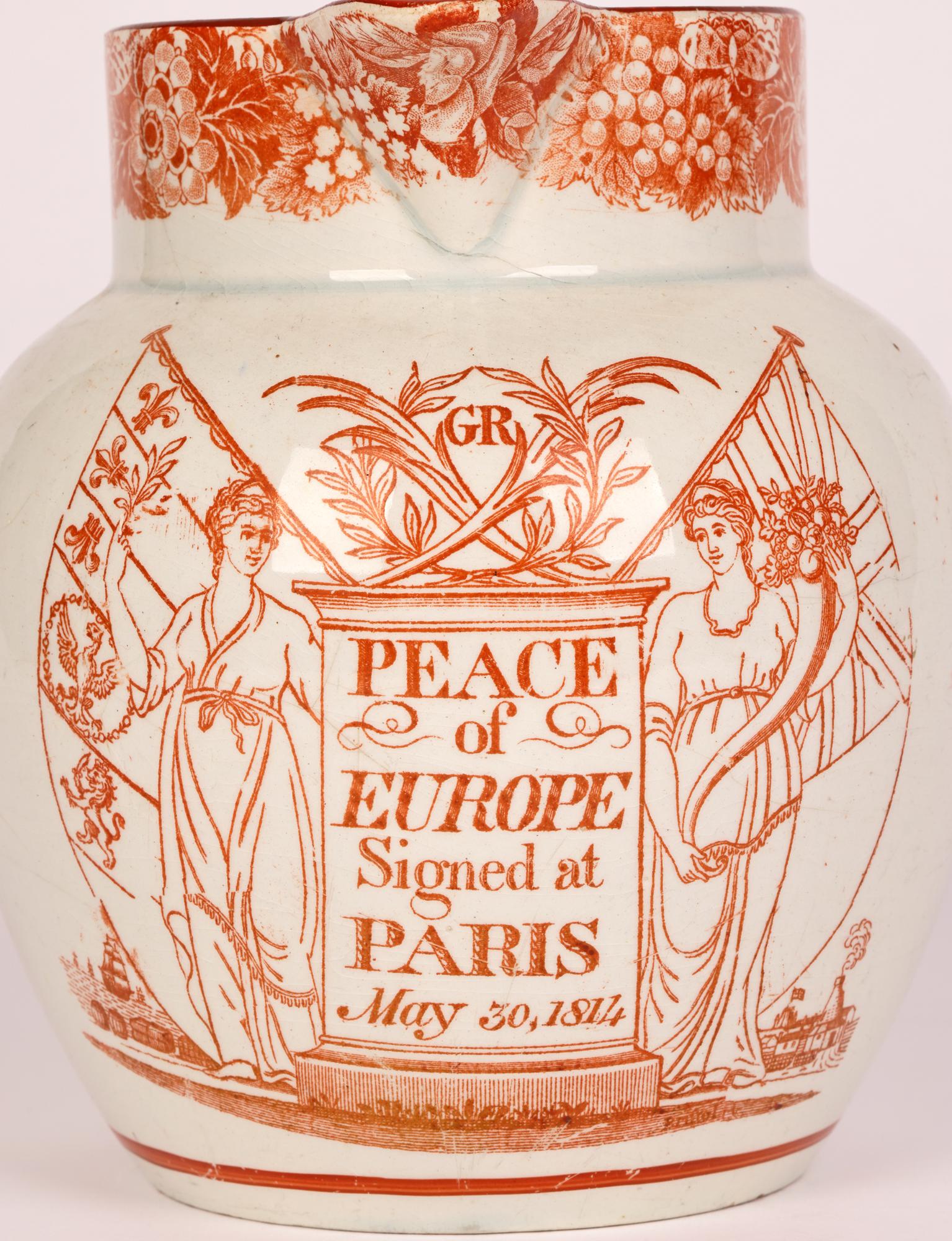 A rare Georgian pearlware pottery jug commemorating the Treaty of Paris on 30th May, 1814. 

The Treaty of Paris ended the Napoleonic wars between France and Great Britain, Russia, Austria and Prussia and followed the abdication of Napoleon as