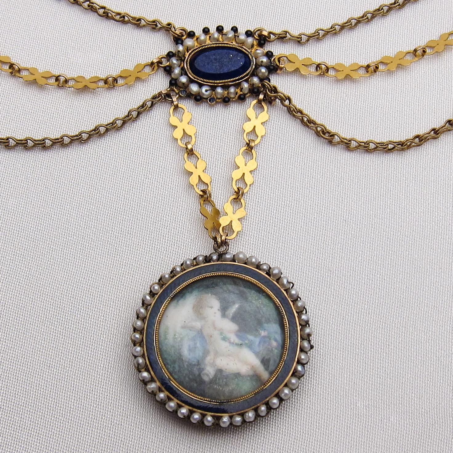 Georgian Pendant with Lapis, Pearls and Miniature Hand-Painted Cherub Painting In Excellent Condition For Sale In Seattle, WA