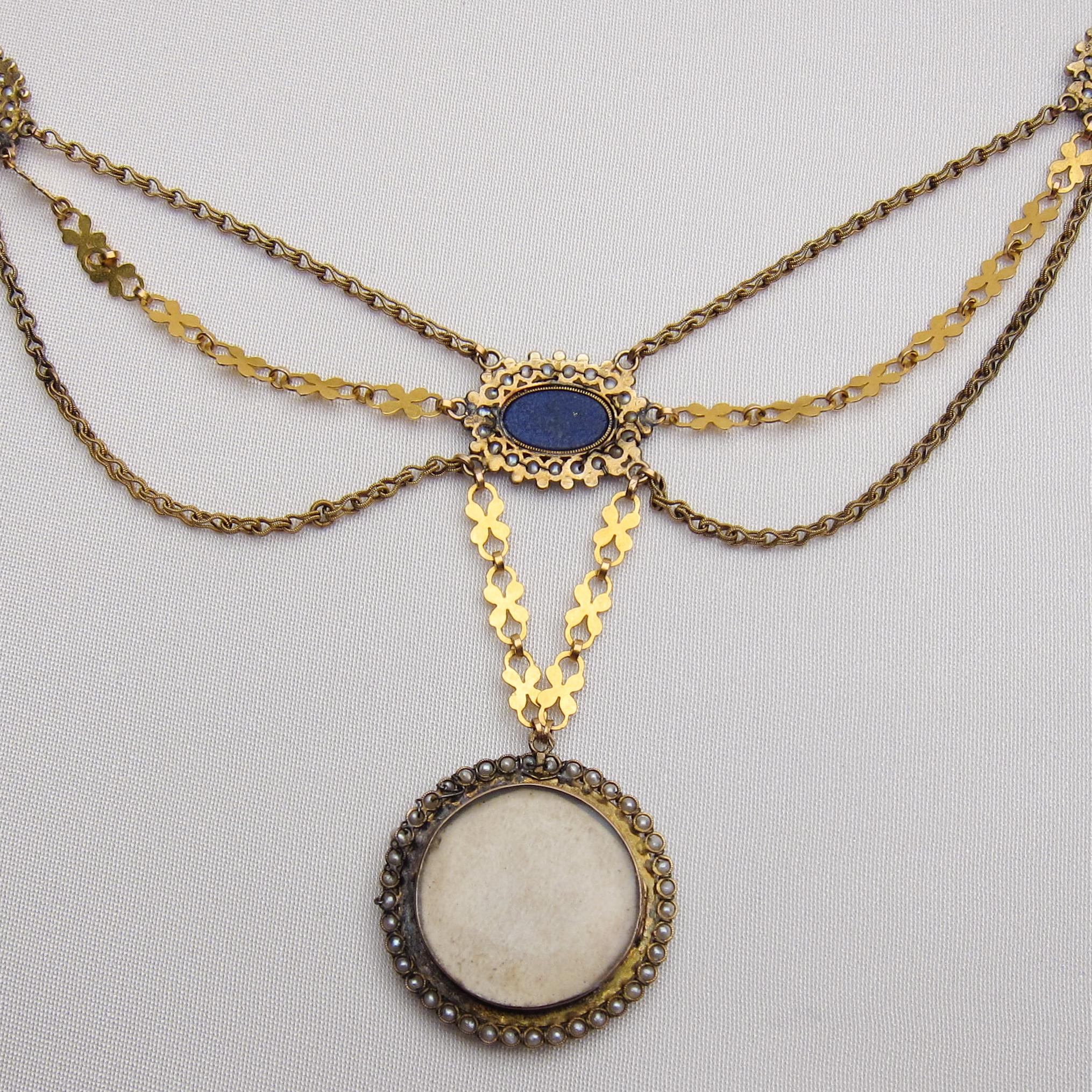 Georgian Pendant with Lapis, Pearls and Miniature Hand-Painted Cherub Painting For Sale 2