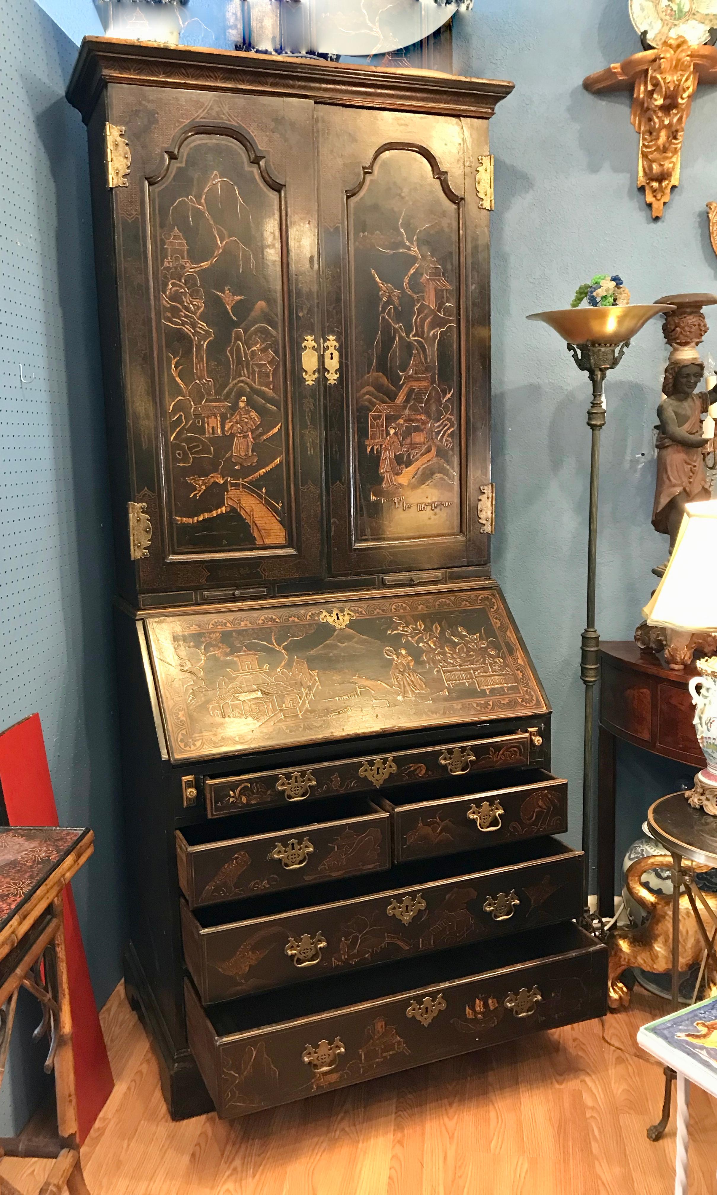 English Georgian Period Chinoiserie Secretary Desk / Bookcase