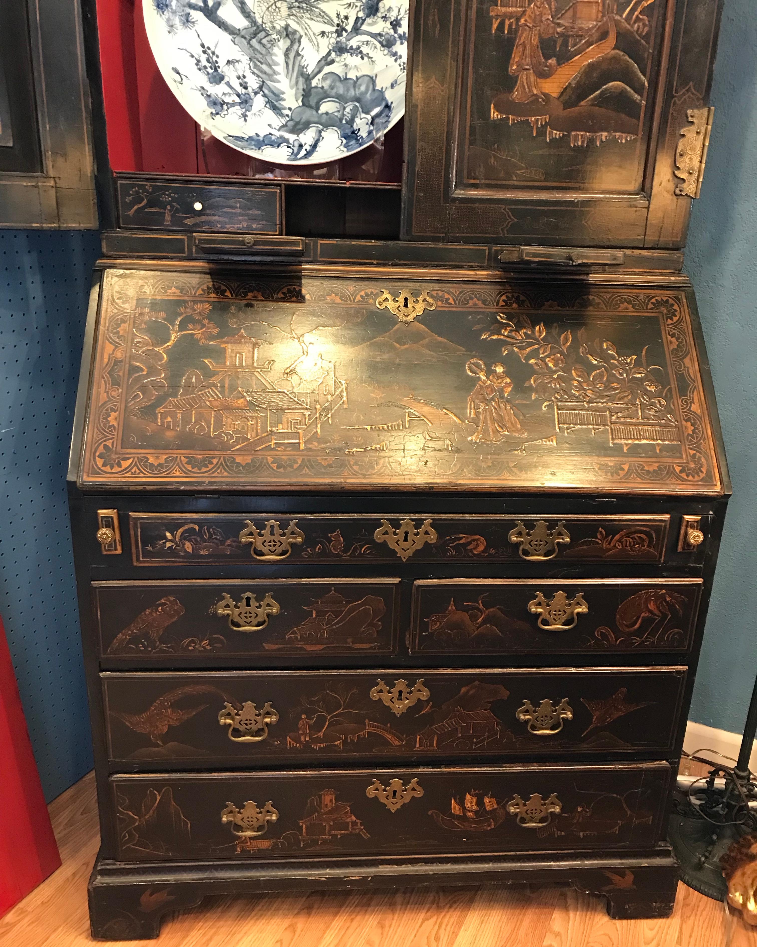 Brass Georgian Period Chinoiserie Secretary Desk / Bookcase