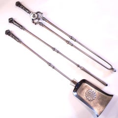 Georgian Period Polished Gunmetal Steel Firetools With Acanthus Handles