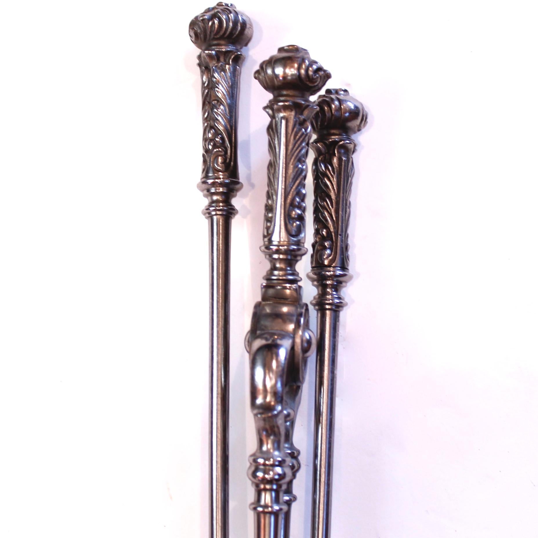 English Georgian Period Polished Gunmetal Steel Firetools With Acanthus Handles For Sale