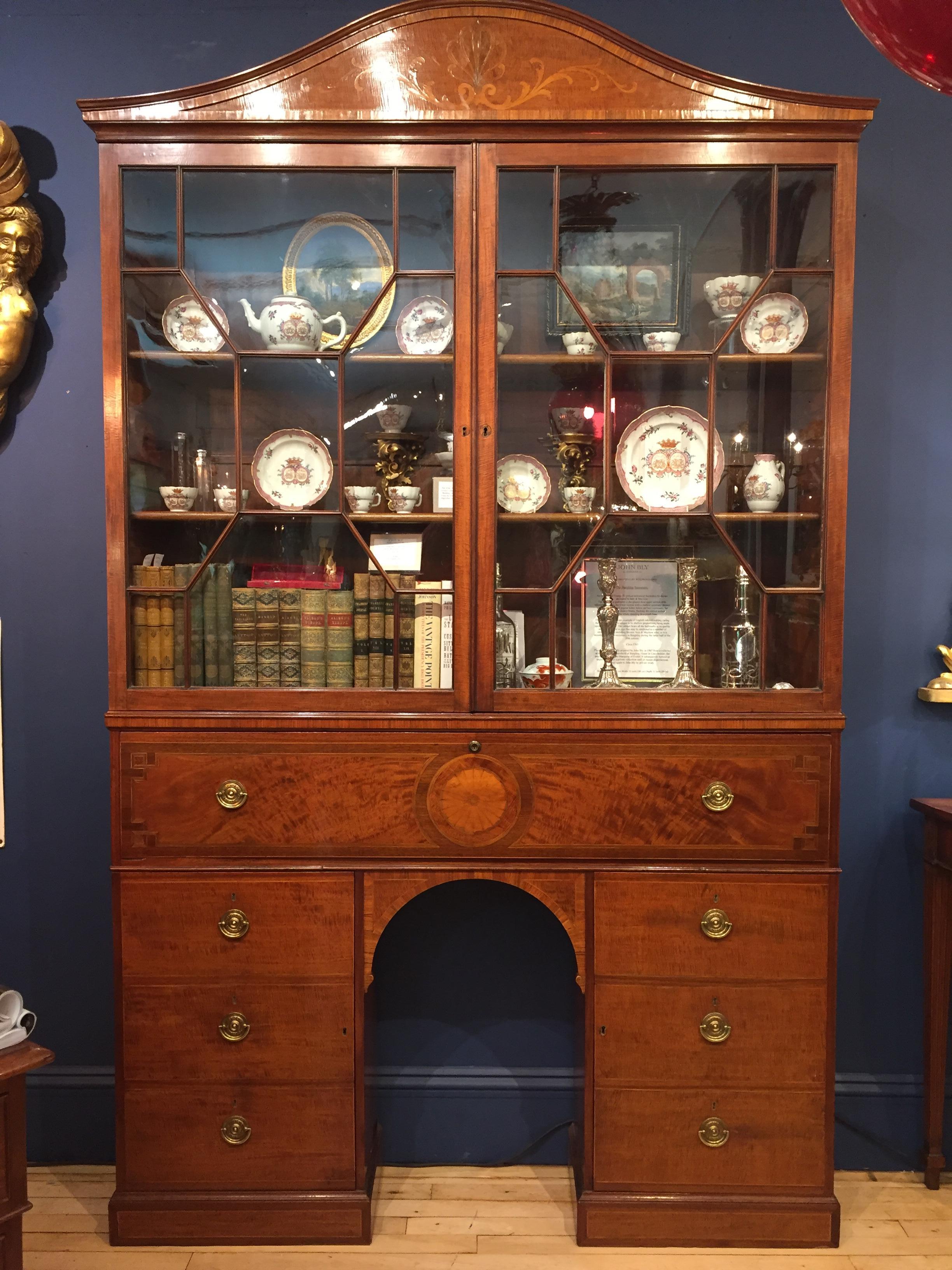 George III Period Satinwood and Mahogany Secretaire Bookcase Cabinet, shallow For Sale 9