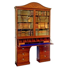 George III Period Satinwood and Mahogany Secretaire Bookcase Cabinet, shallow