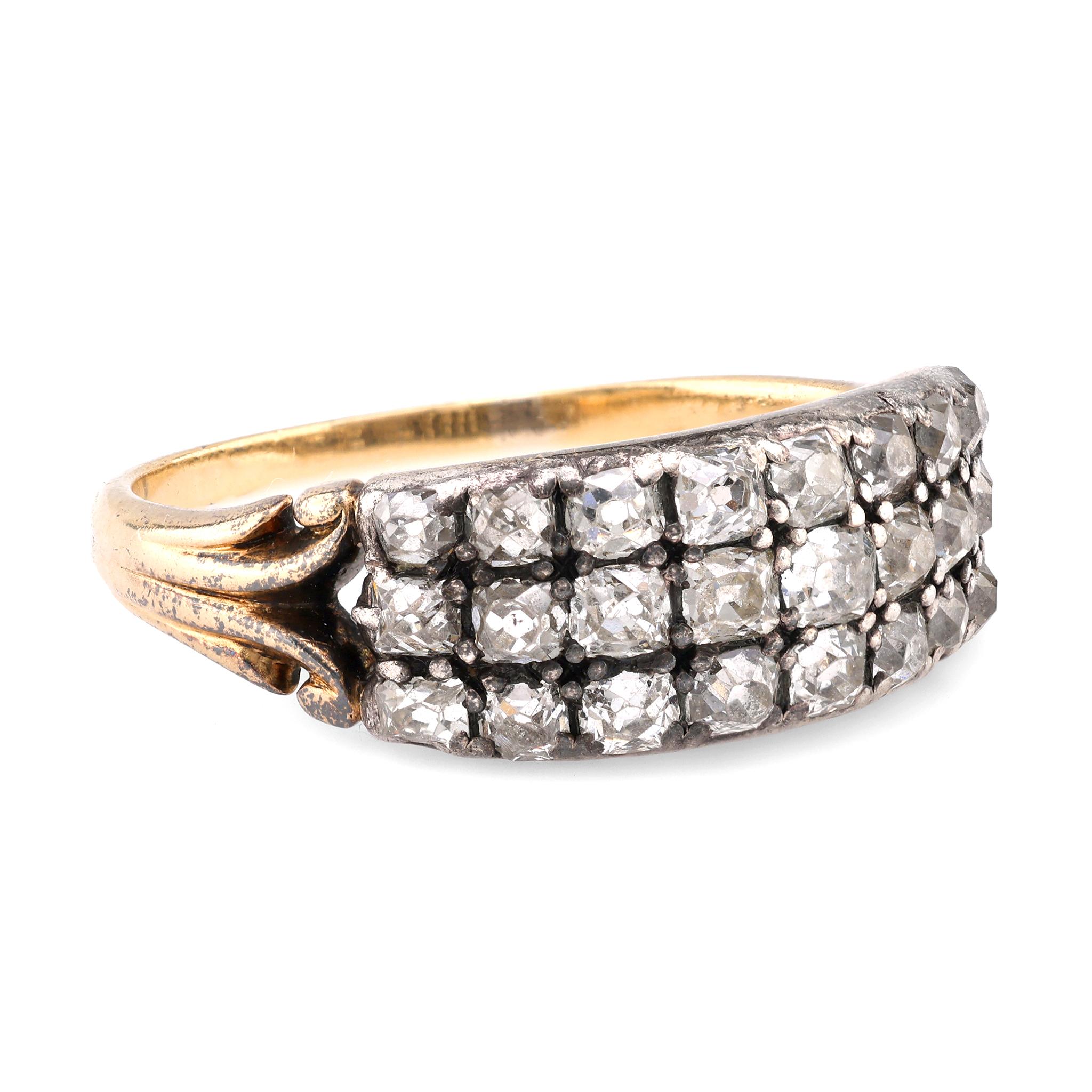 Center Stone: 24 Peruzzi Cut Diamonds
Weight: Approximately 2.5 Carats
Color: H
Clarity: SI
Metal: 18K Yellow Gold and Silver Top
Era: Georgian
Circa: 1800s
Size: 9.25 and can be resized
Gram weight: 4.49

This exquisite Georgian Three Row Ring is a
