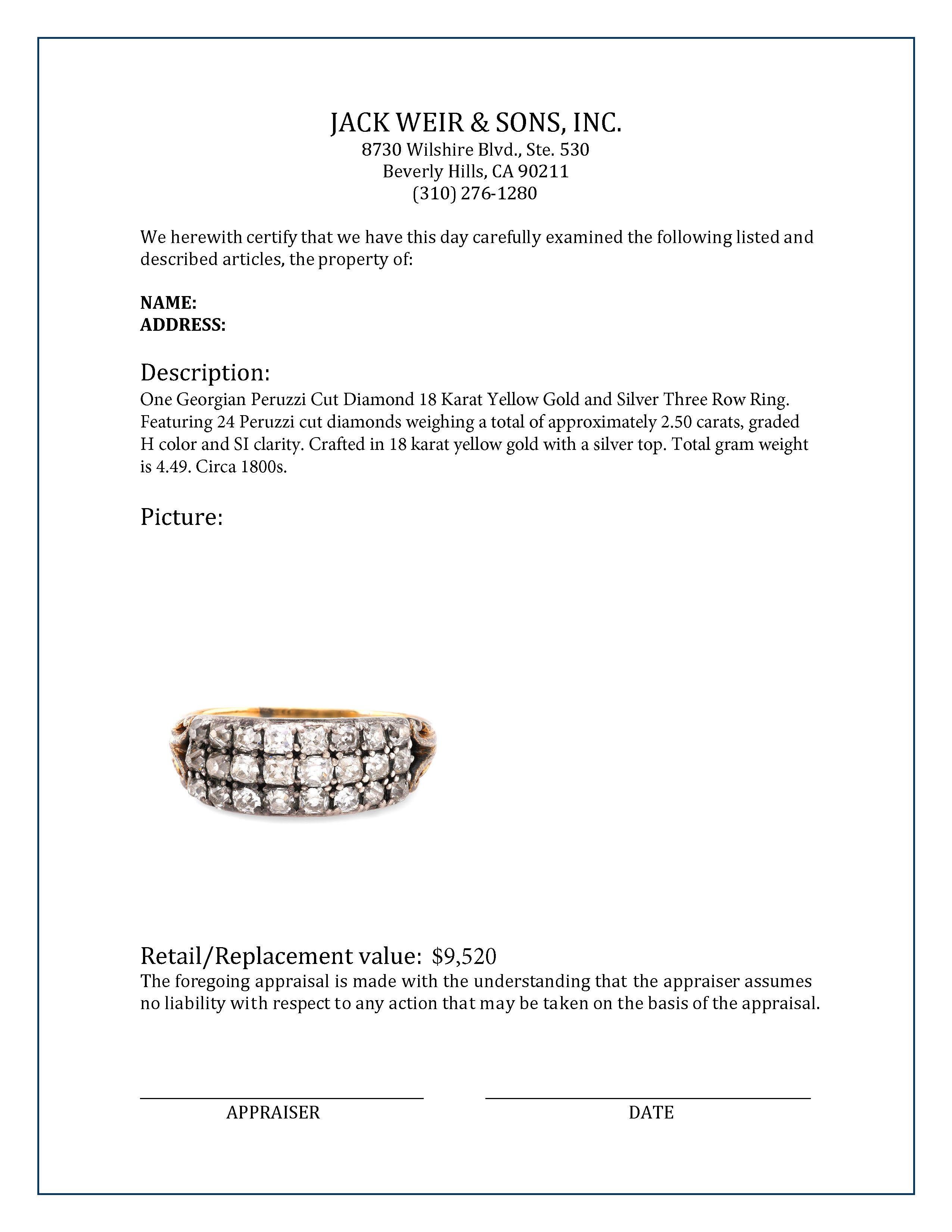 Women's or Men's Georgian Peruzzi Cut Diamond 18K Yellow Gold and Silver Three Row Ring