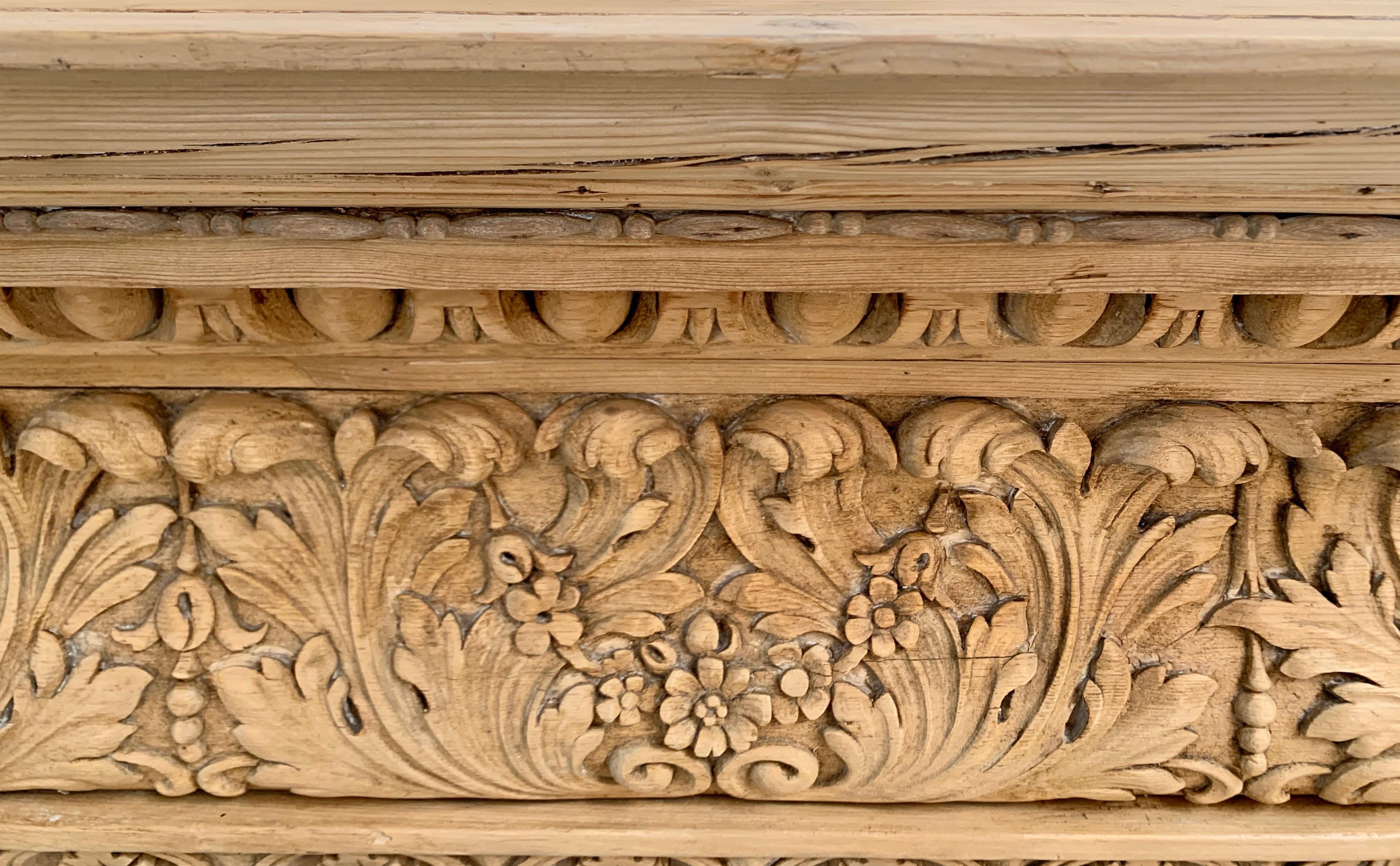 English Georgian Pine Hand Carved Fireplace Mantel