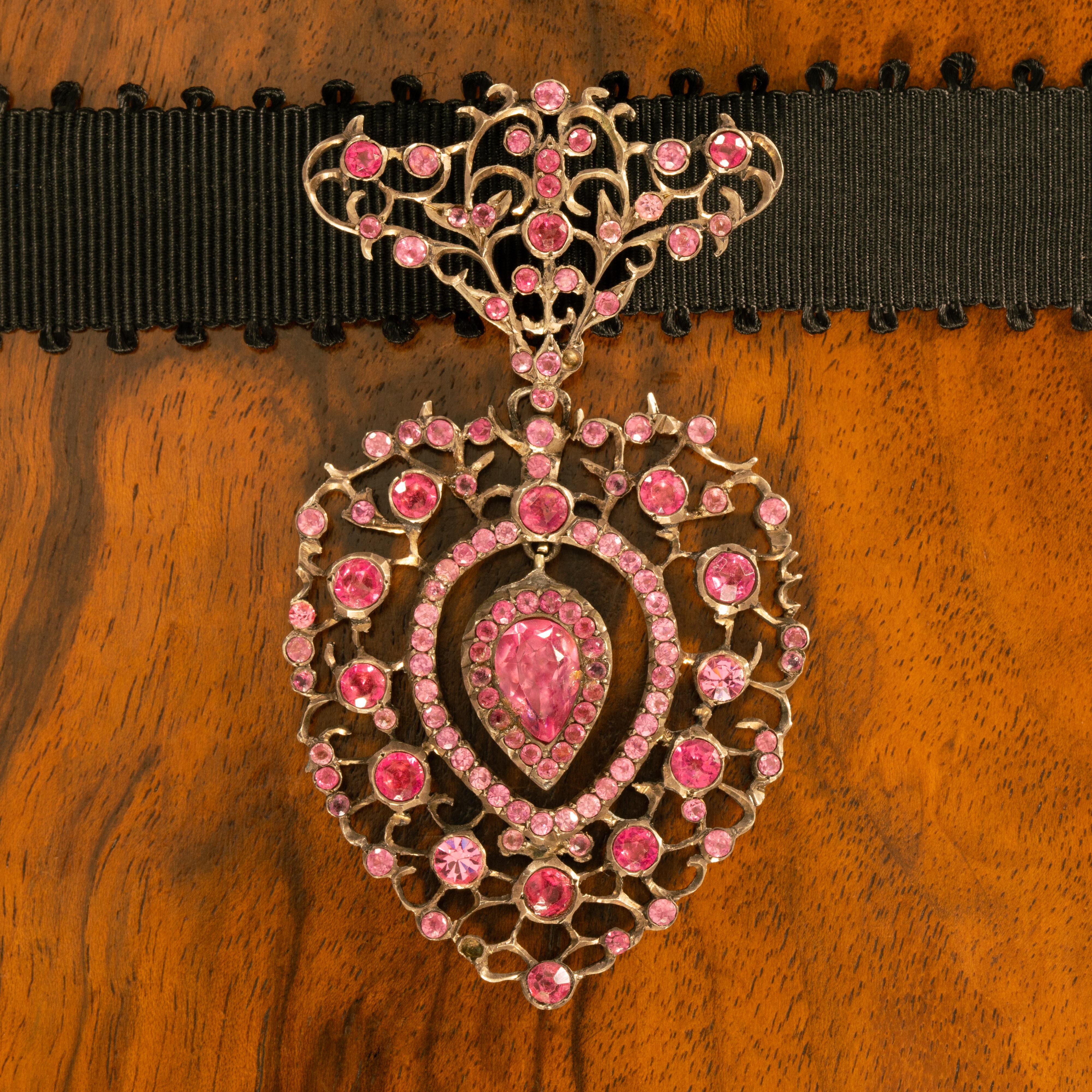 Georgian Pink Paste and Silver Heart Pendant on Grosgrain Ribbon c.1820s French


