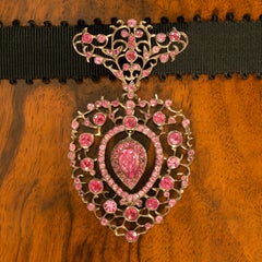Georgian Pink Paste and Silver Heart Pendant on Grosgrain Ribbon, circa 1820s