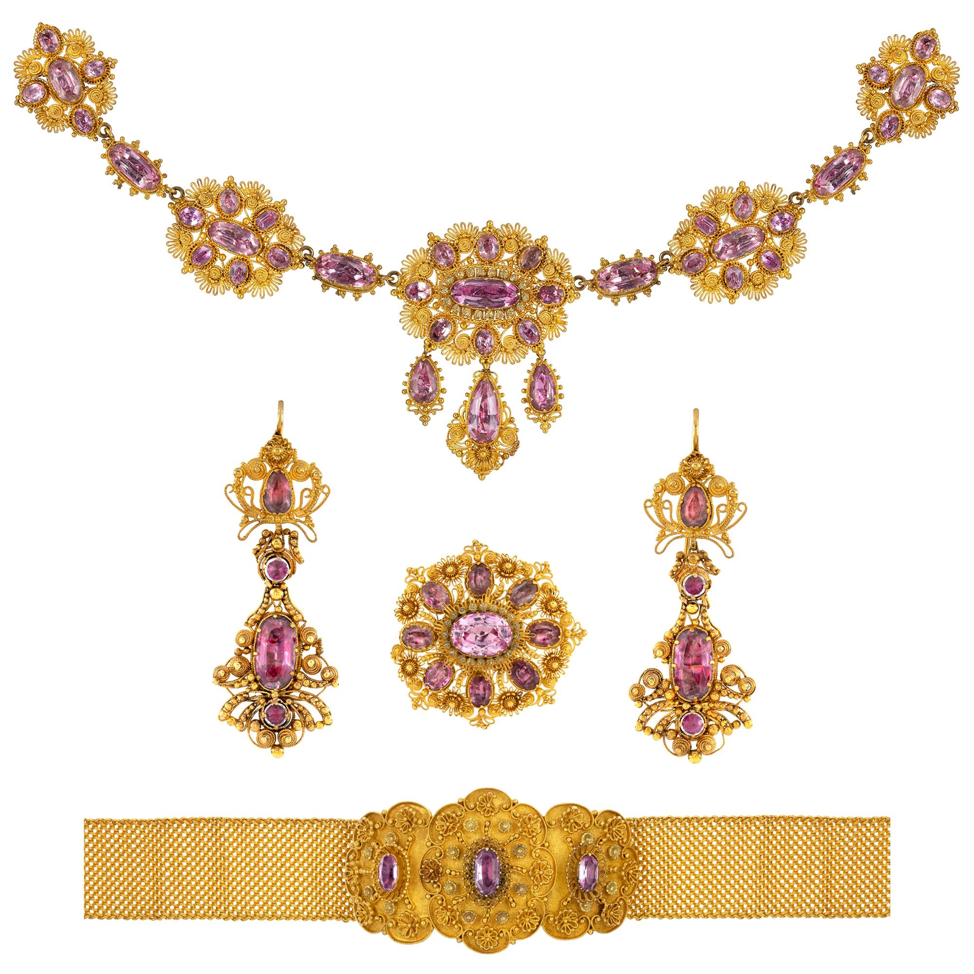 Georgian Pink Topaz and Gold Cannetille Suite For Sale
