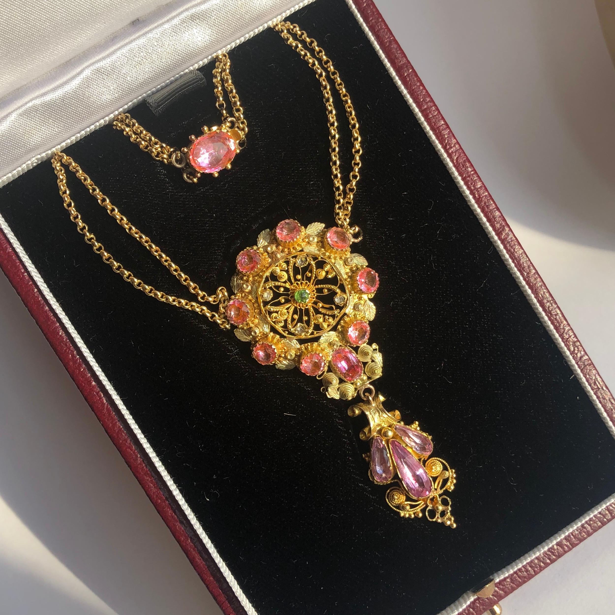 Women's Georgian Pink Topaz and Peridot 15 Carat Gold Pendant Necklace