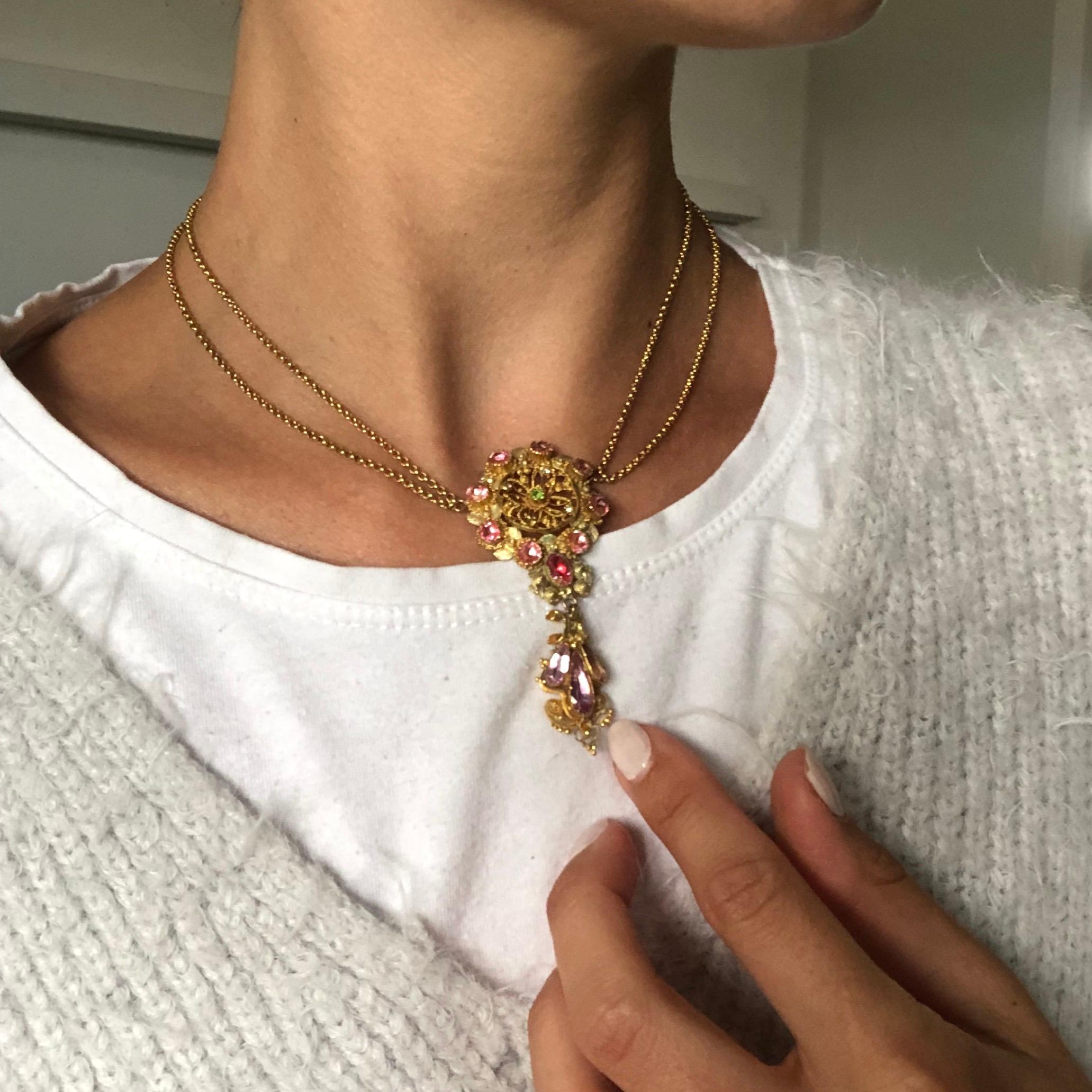 Georgian Pink Topaz and Peridot 15 Carat Gold Pendant Necklace 2