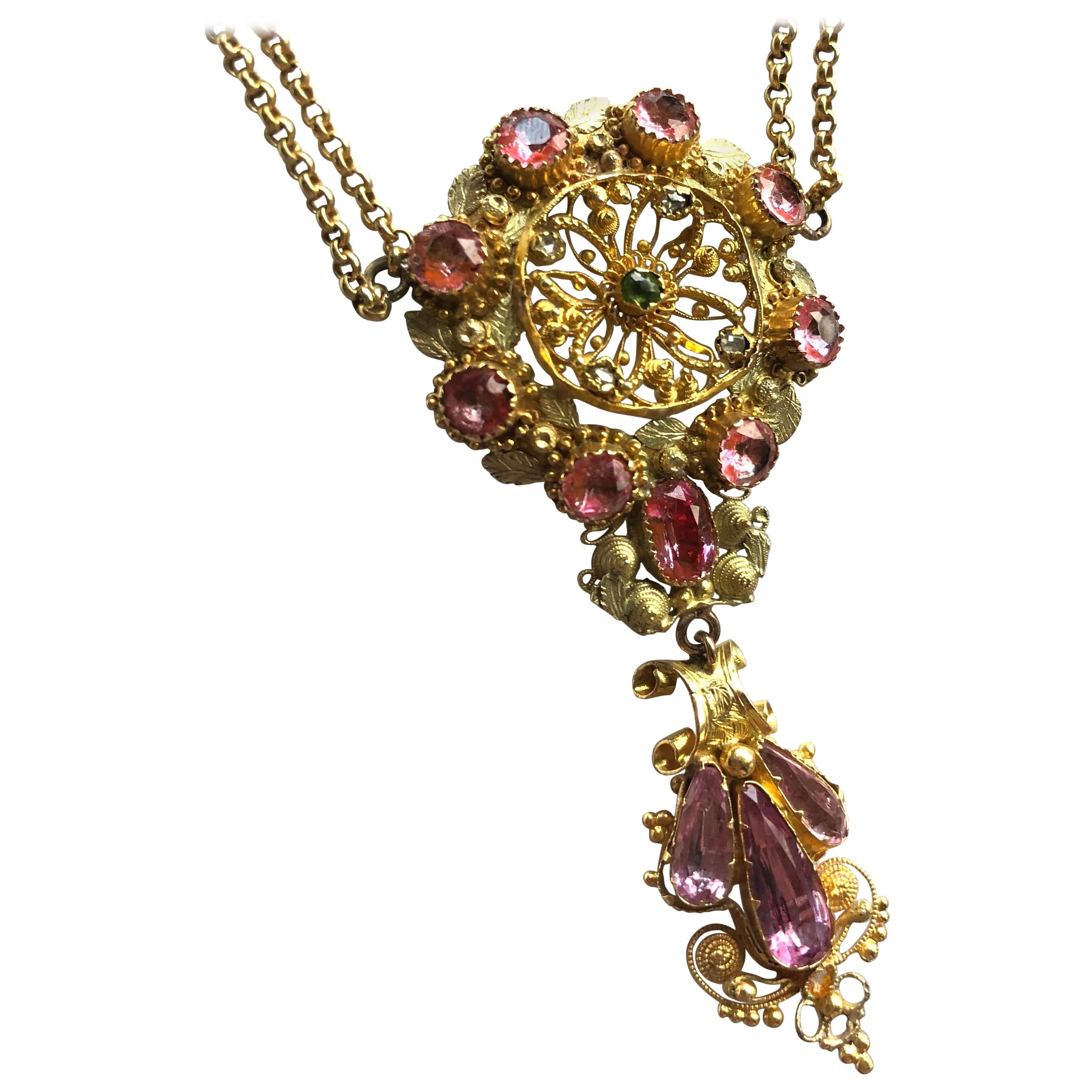 Georgian Pink Topaz and Peridot 15 Carat Gold Pendant Necklace
