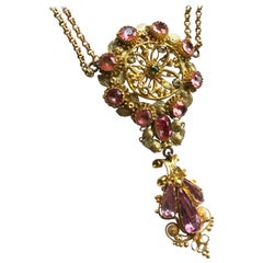 Antique Georgian Pink Topaz and Peridot 15 Carat Gold Pendant Necklace