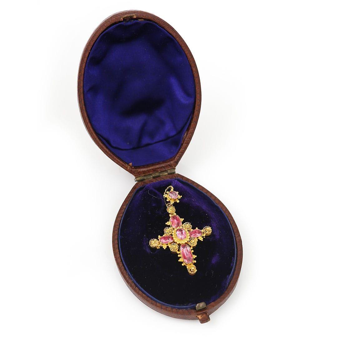 Georgian Pink Topaz Canetille Cross Pendant Brooch, in Original Case, Circa 1830 6