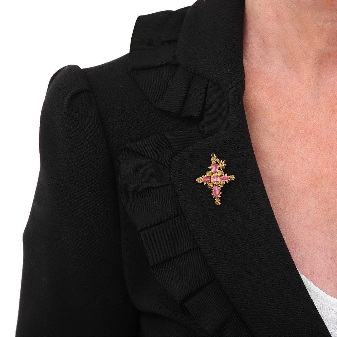 Georgian Pink Topaz Canetille Cross Pendant Brooch, in Original Case, Circa 1830 3