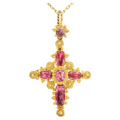 Antique Georgian Pink Topaz Canetille Cross Pendant Brooch, in Original Case, Circa 1830