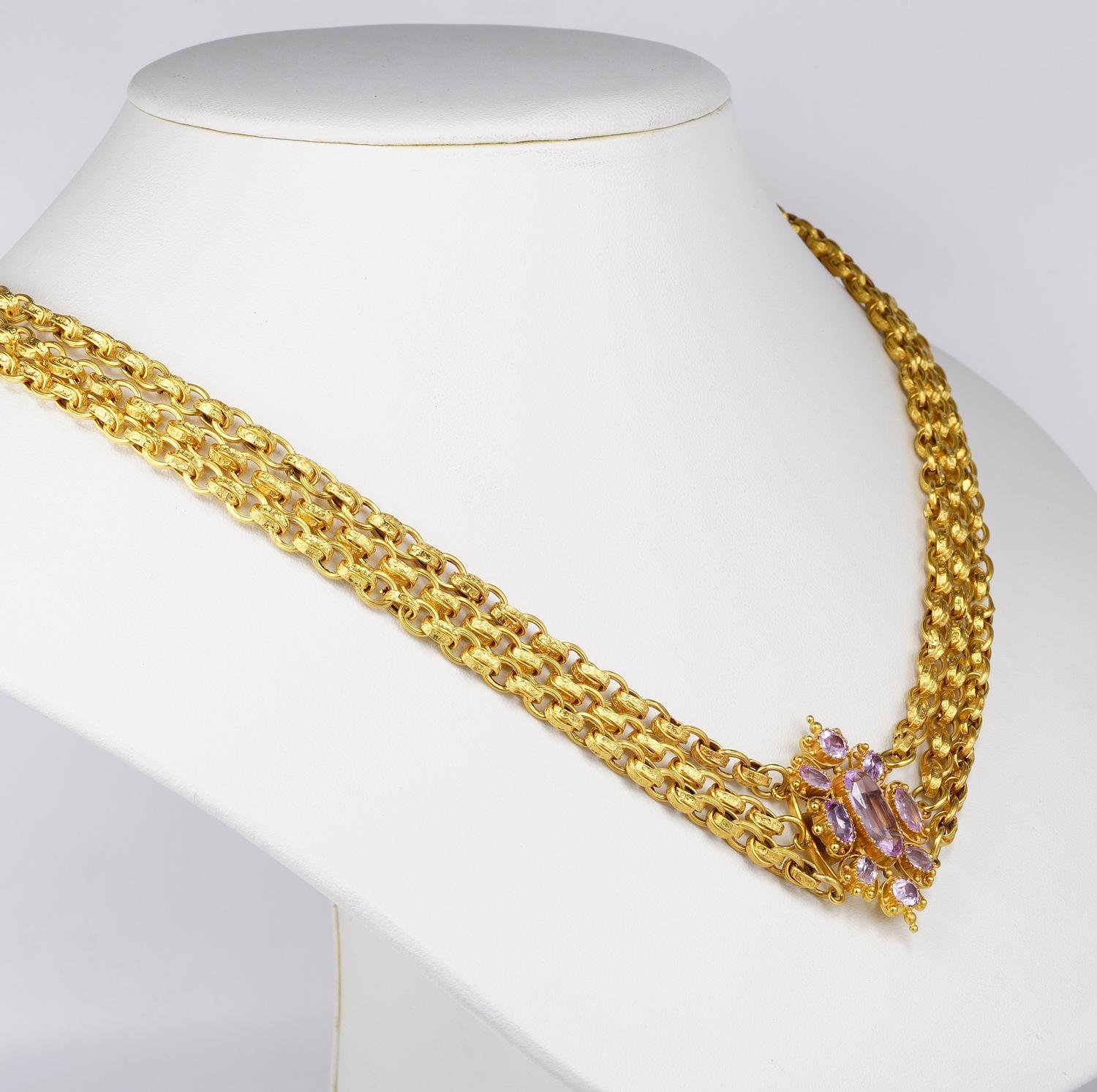 Women's Georgian Pink Topaz Cannetille 18 Kt Necklace For Sale