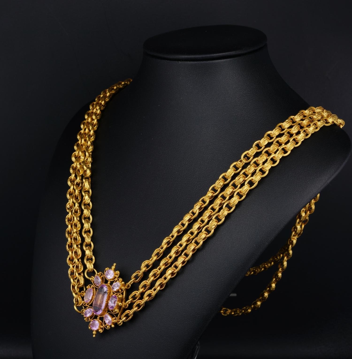 Georgian Pink Topaz Cannetille 18 Kt Necklace For Sale 3