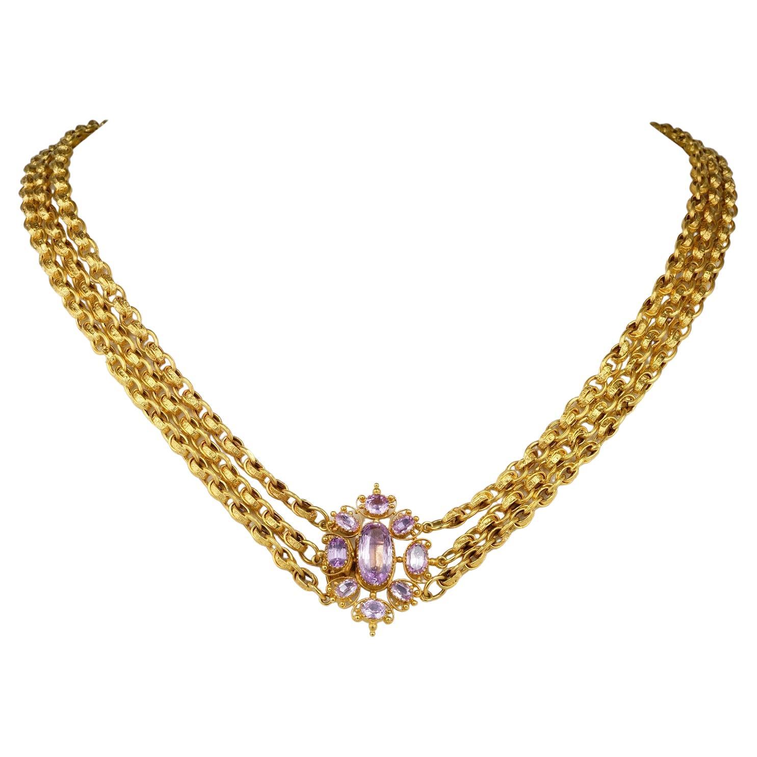 Georgian Pink Topaz Cannetille 18 Kt Necklace For Sale
