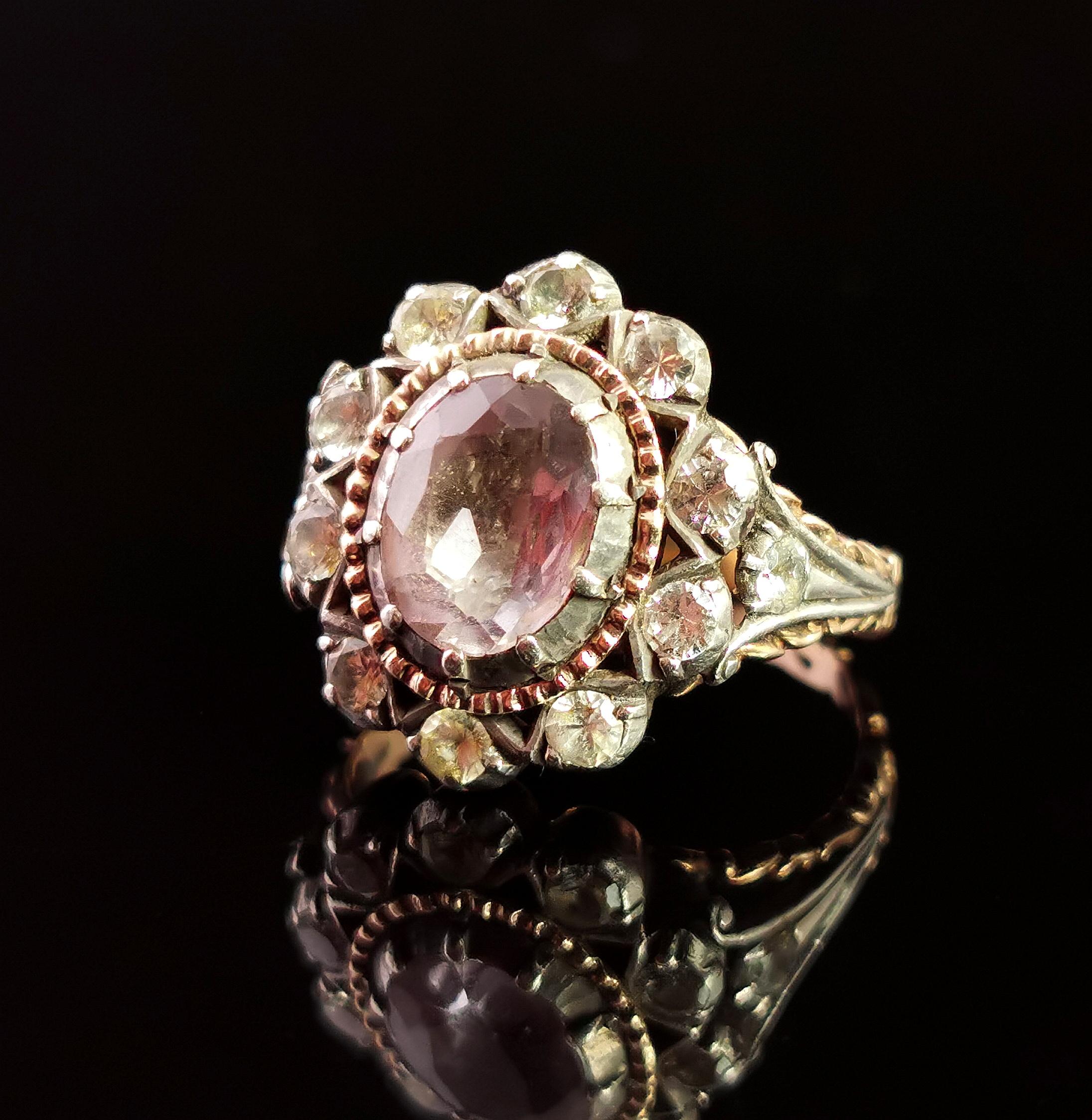 Oval Cut Georgian Pink Topaz Cluster Ring, 18 Karat Yellow Gold, Foiled Paste, Silver