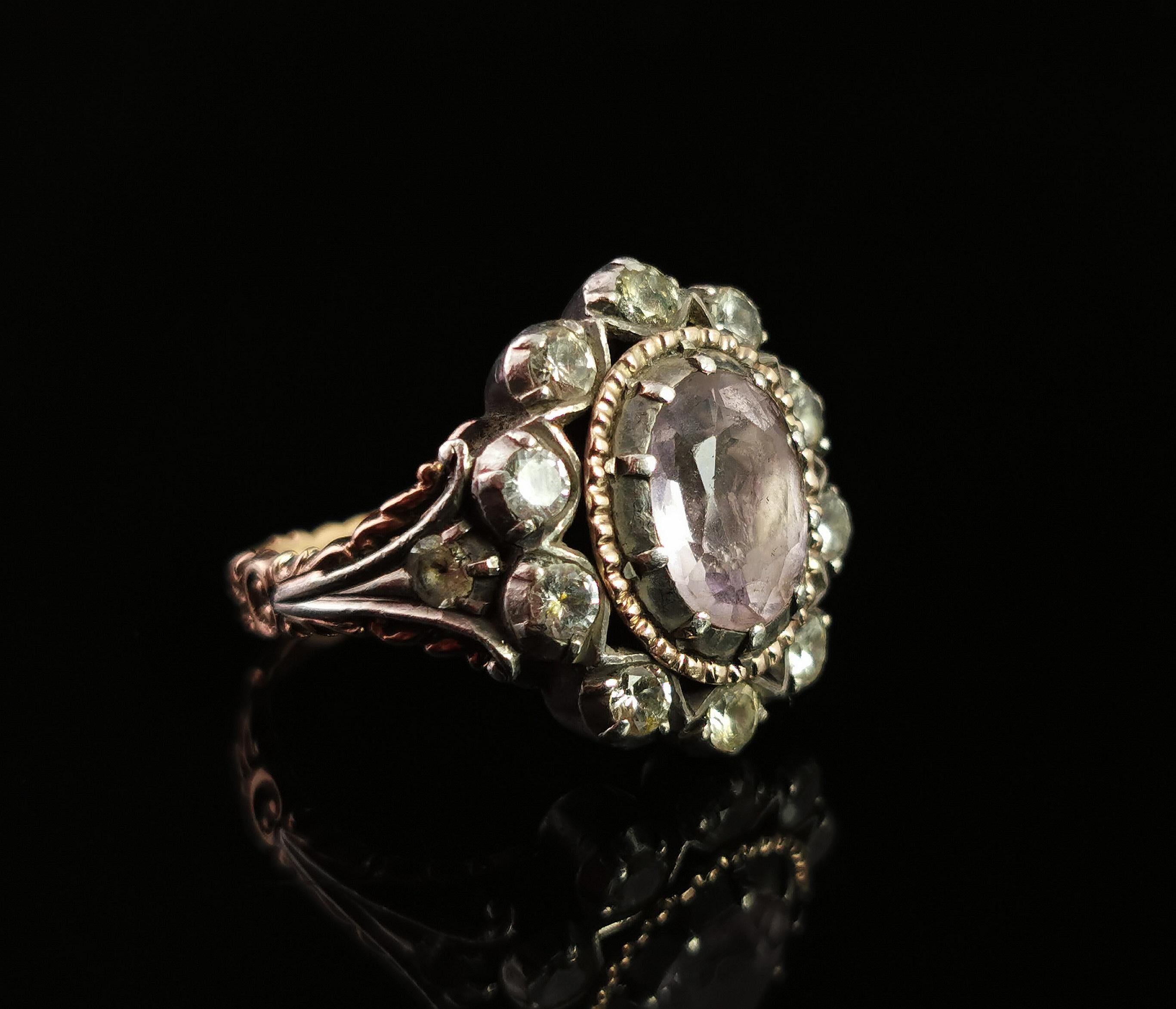 Georgian Pink Topaz Cluster Ring, 18 Karat Yellow Gold, Foiled Paste, Silver In Fair Condition In NEWARK, GB