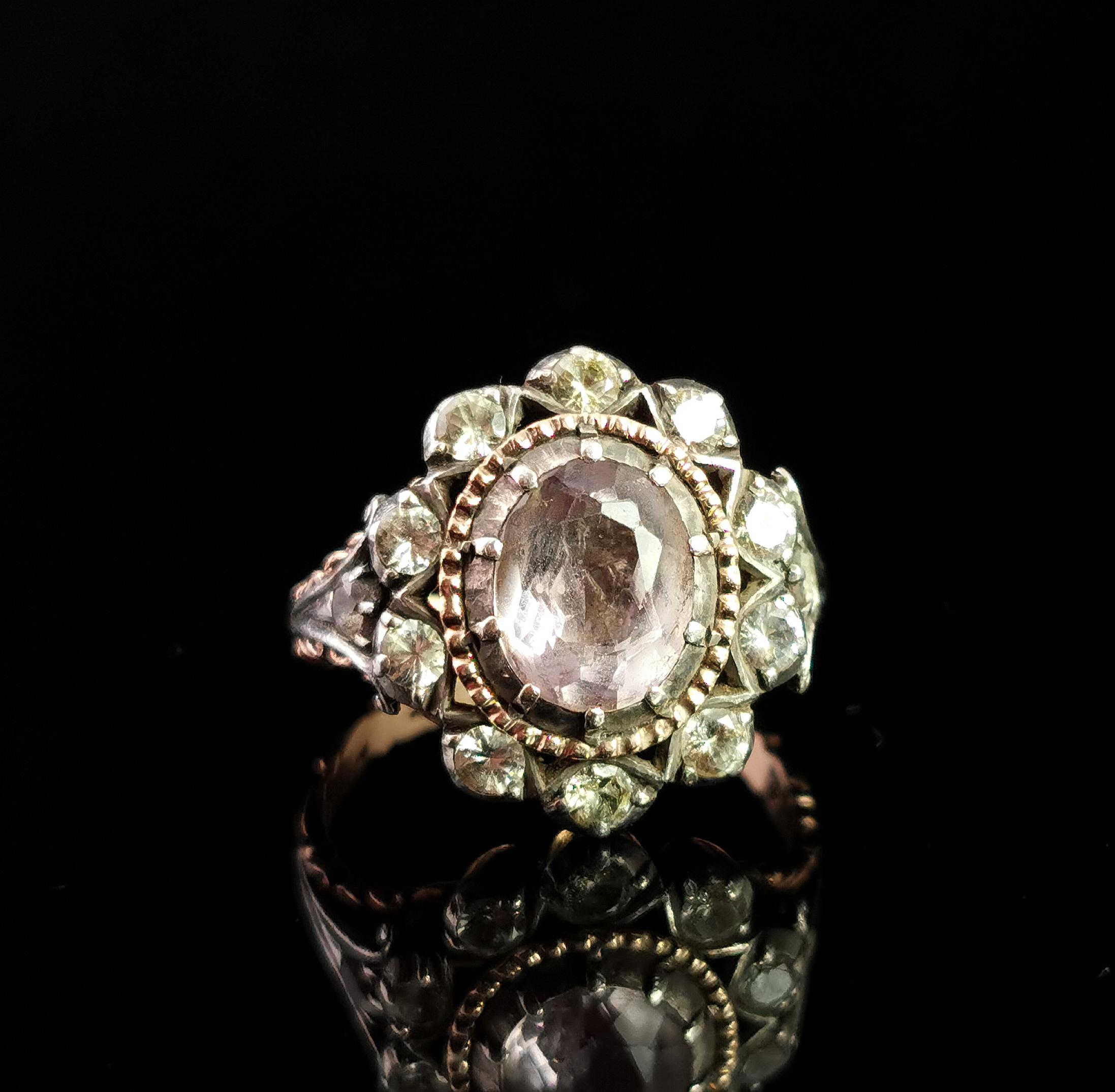 Georgian Pink Topaz Cluster Ring, 18 Karat Yellow Gold, Foiled Paste, Silver 4