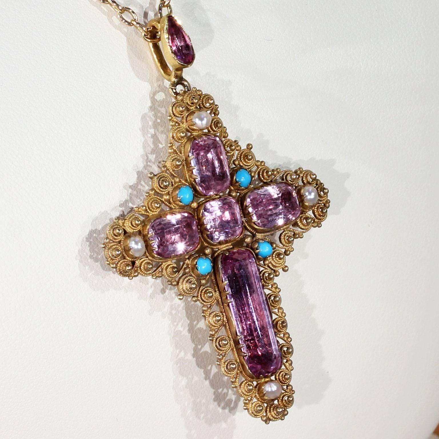 Georgian Pink Topaz Cross Pendant Brooch with Peal and Turquoise In Excellent Condition For Sale In Middleton, WI