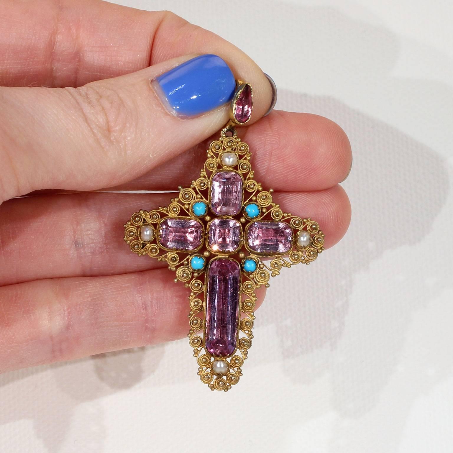 Georgian Pink Topaz Cross Pendant Brooch with Peal and Turquoise For Sale 3