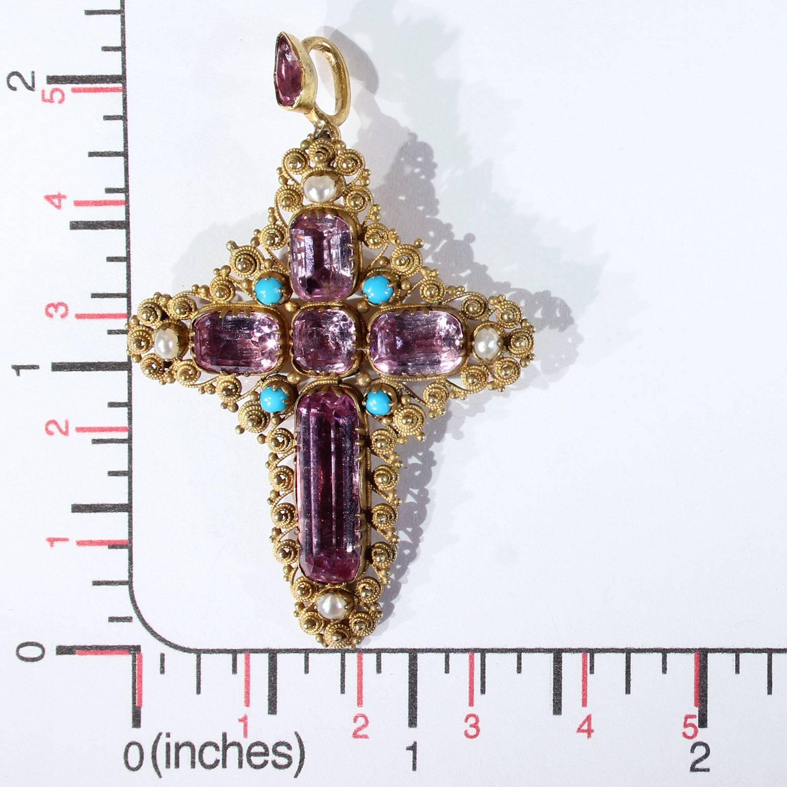 Georgian Pink Topaz Cross Pendant Brooch with Peal and Turquoise For Sale 4