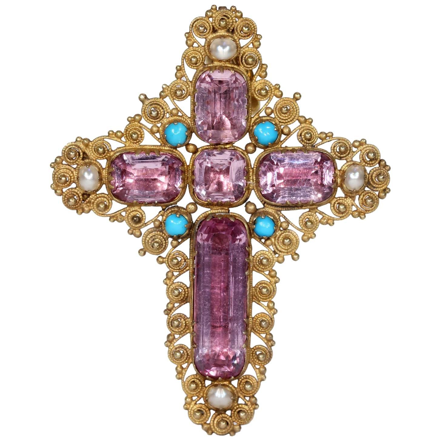 Georgian Pink Topaz Cross Pendant Brooch with Peal and Turquoise For Sale