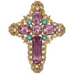 Georgian Pink Topaz Cross Pendant Brooch with Peal and Turquoise