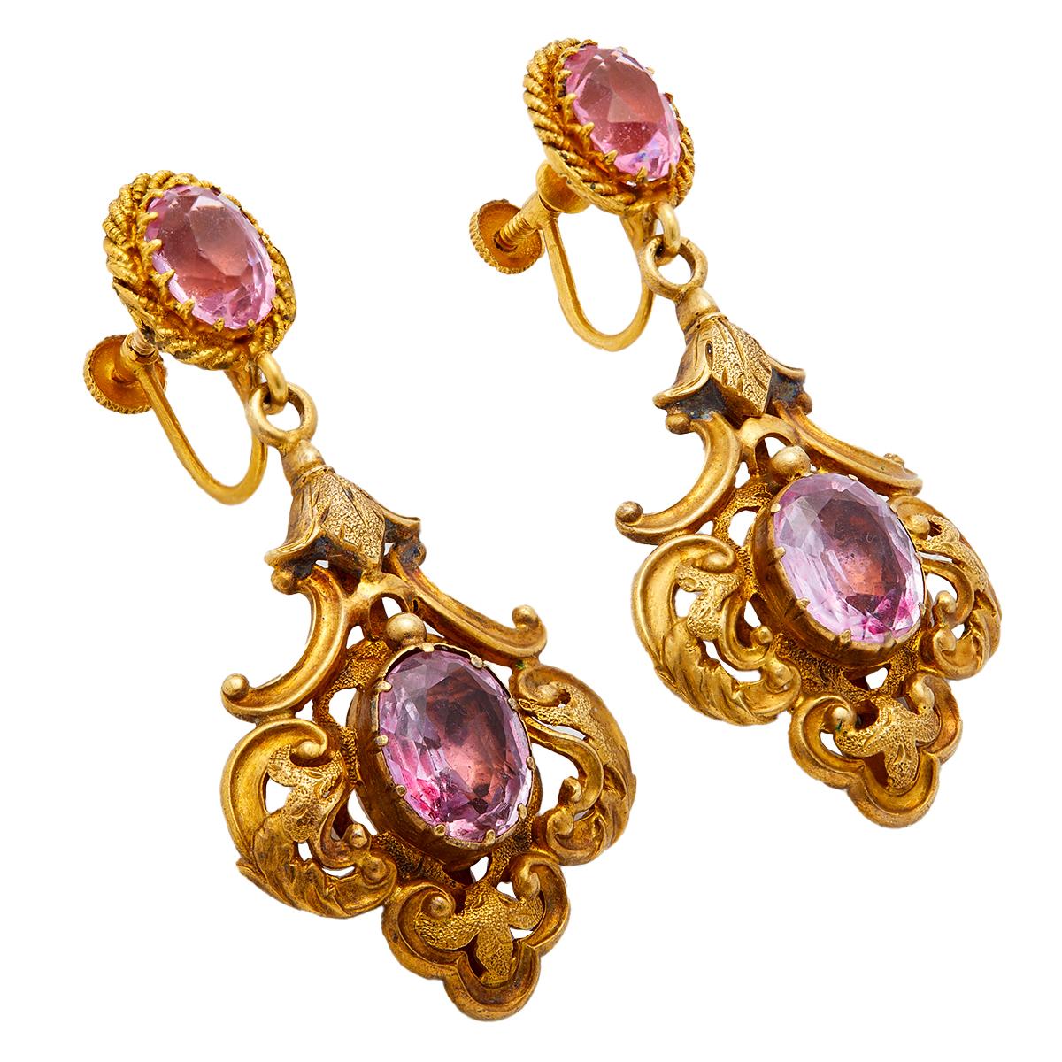 Women's or Men's Georgian Pink Topaz Repoussé Yellow Gold Dangle Earrings