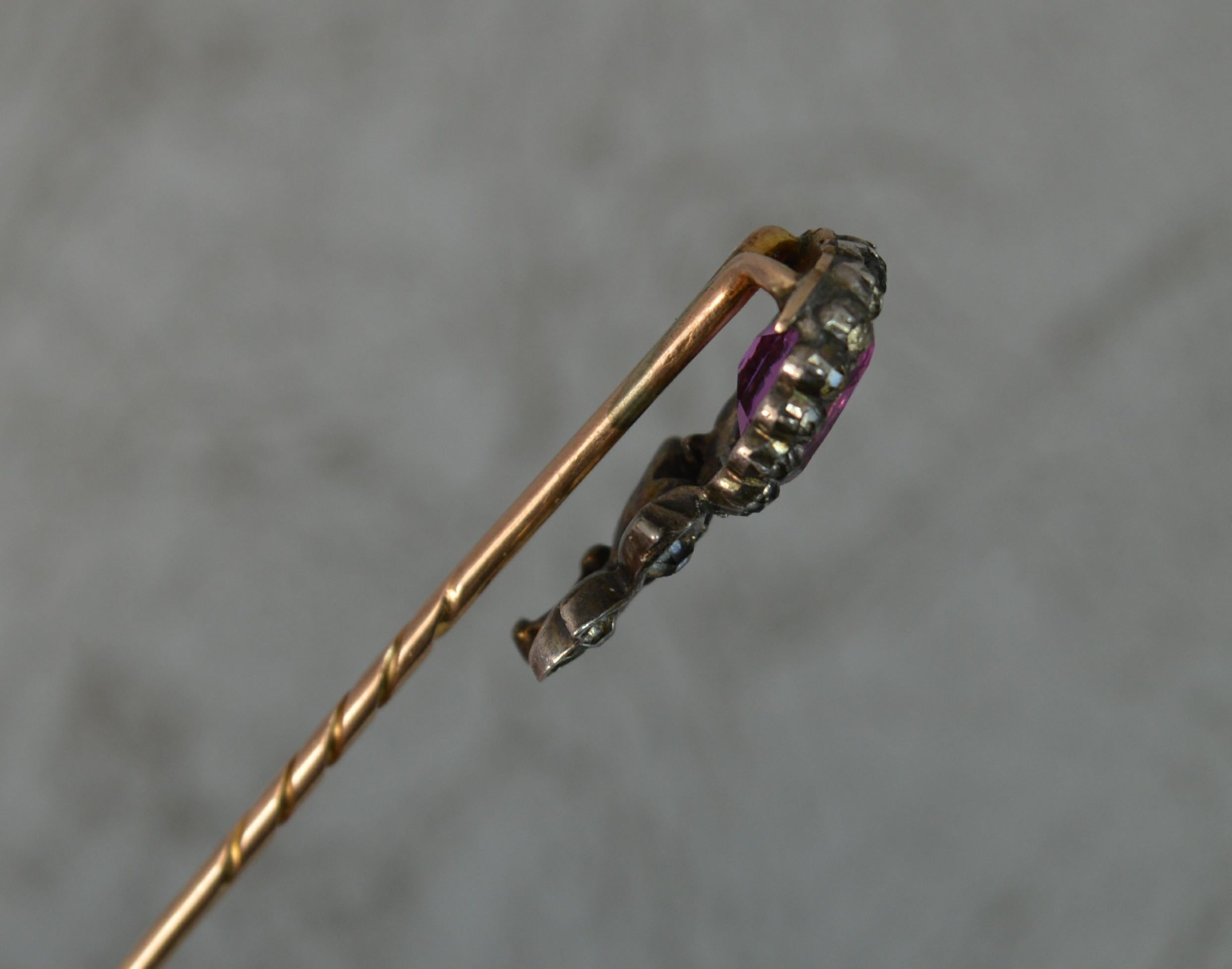 Georgian Pink White Paste Flower Head Rose Gold Stick Pin In Good Condition In St Helens, GB