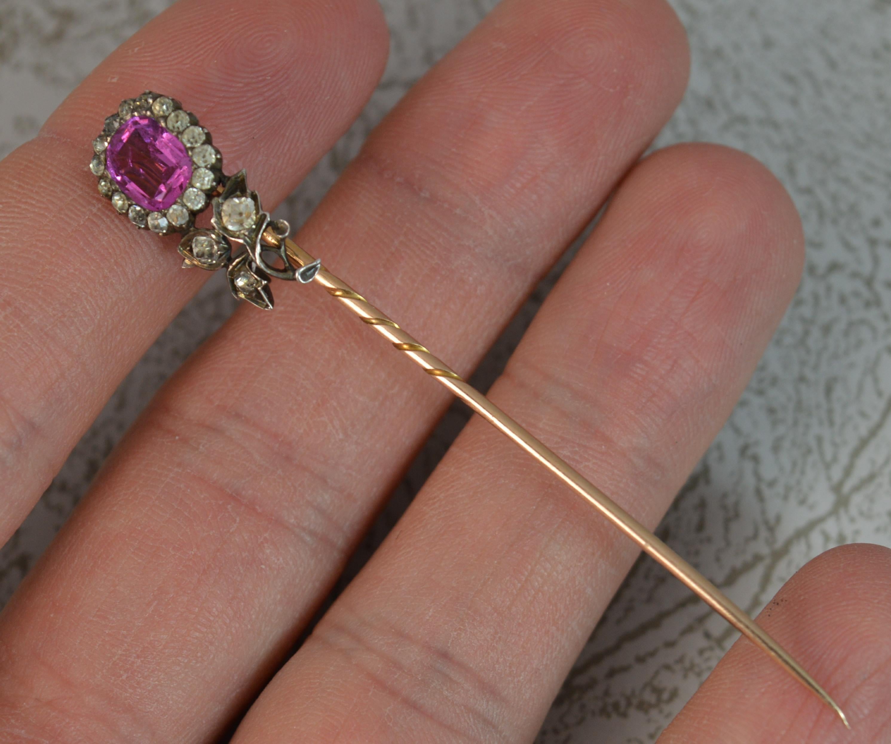 Women's Georgian Pink White Paste Flower Head Rose Gold Stick Pin