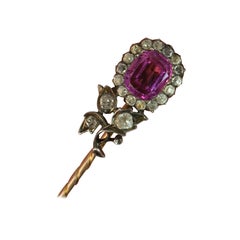 Georgian Pink White Paste Flower Head Rose Gold Stick Pin