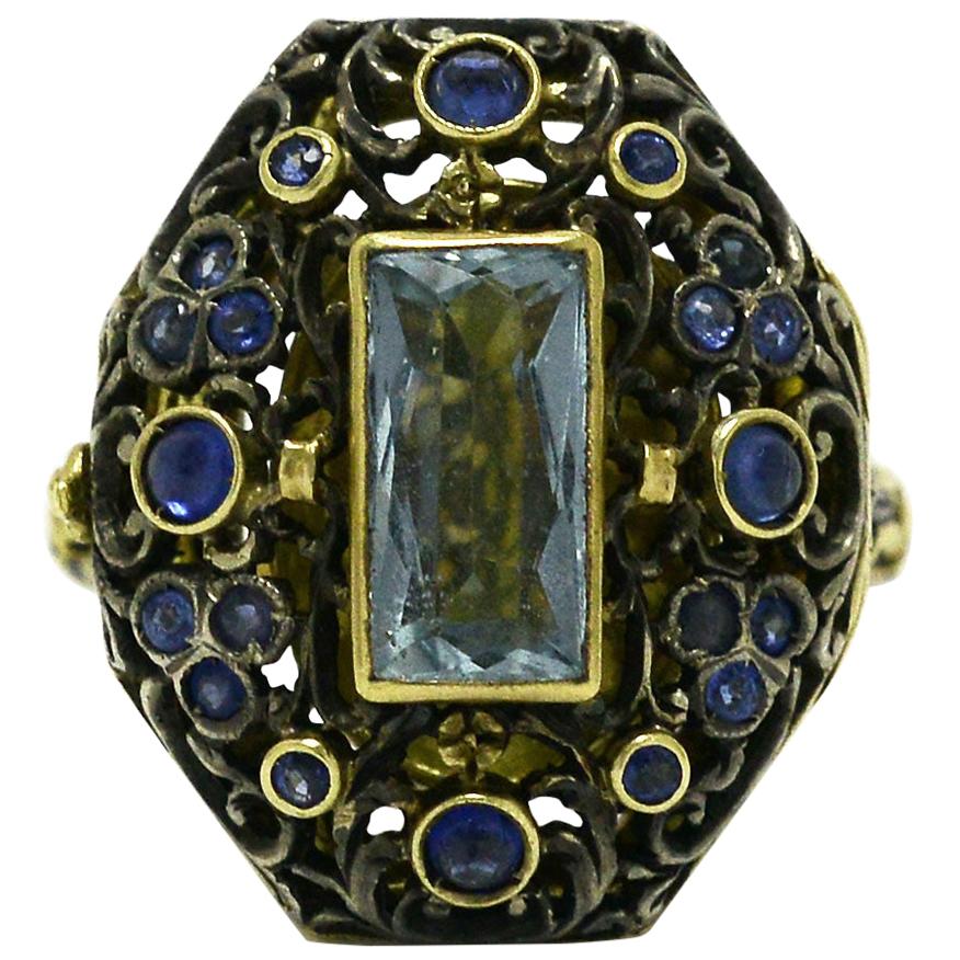 Georgian Poison Ring Casket Aquamarine and Sapphire 18 Karat Gold Silver, 1850