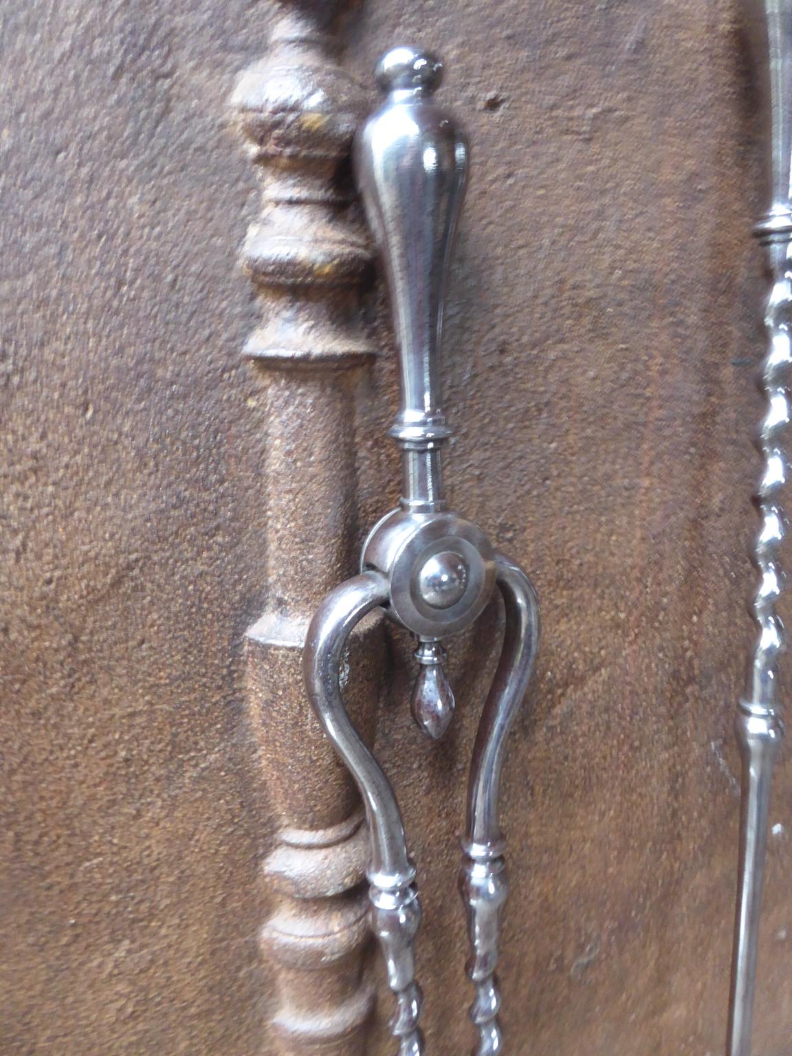 British Georgian Polished Steel Fireplace Tool Set or Fire Irons, 18th-19th Century