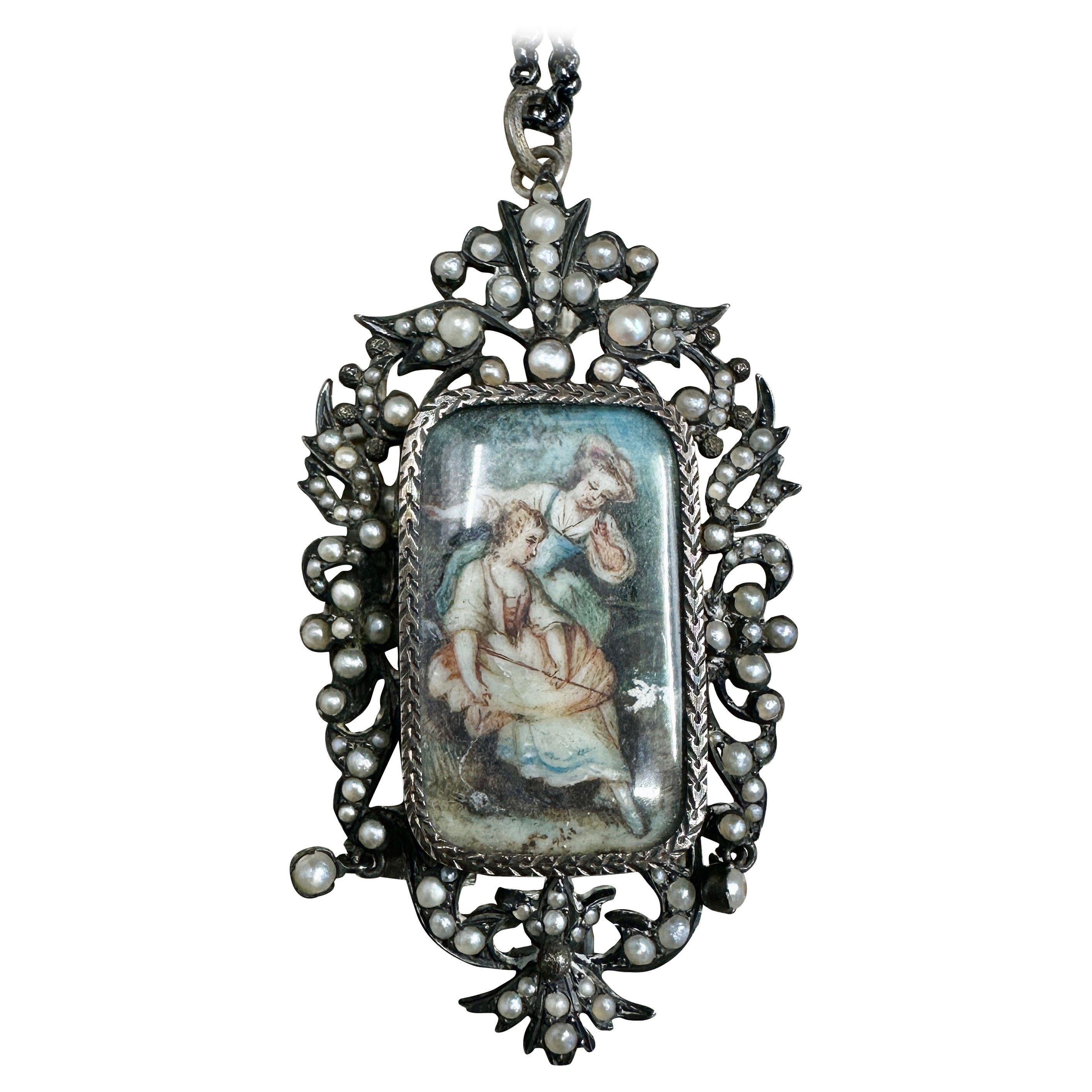 Ritratto georgiano di perla Collana Spilla Donna Inseparabili c1830 Argento in vendita