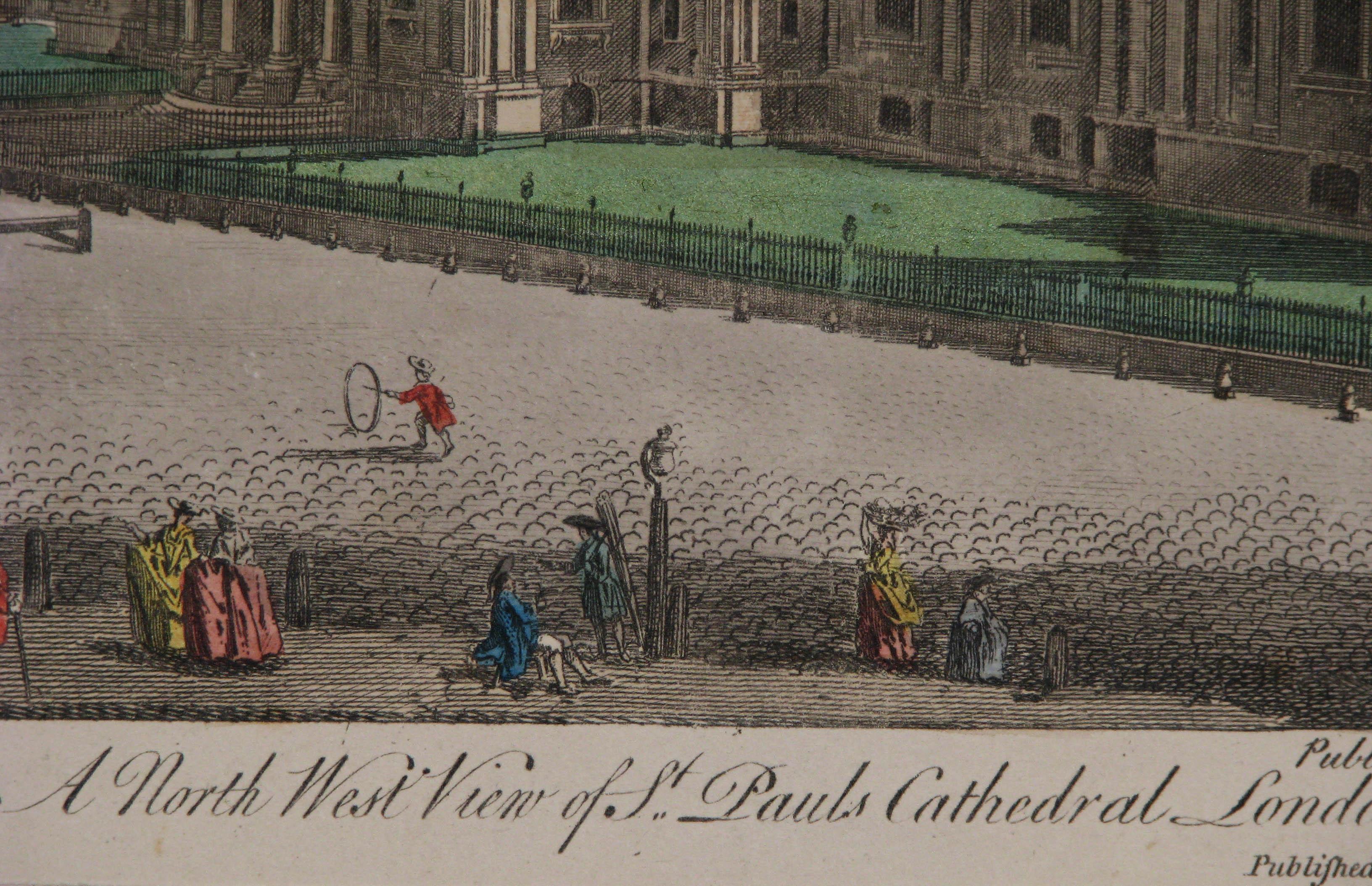 “A North West View of St. Paul’s Cathedral”
A Georgian copperplate engraving by T. Muller in original hand color; published by Laurie and Whittle in London in 1794.

This engraving of St. Paul's Cathedral illustrates one of London's most iconic