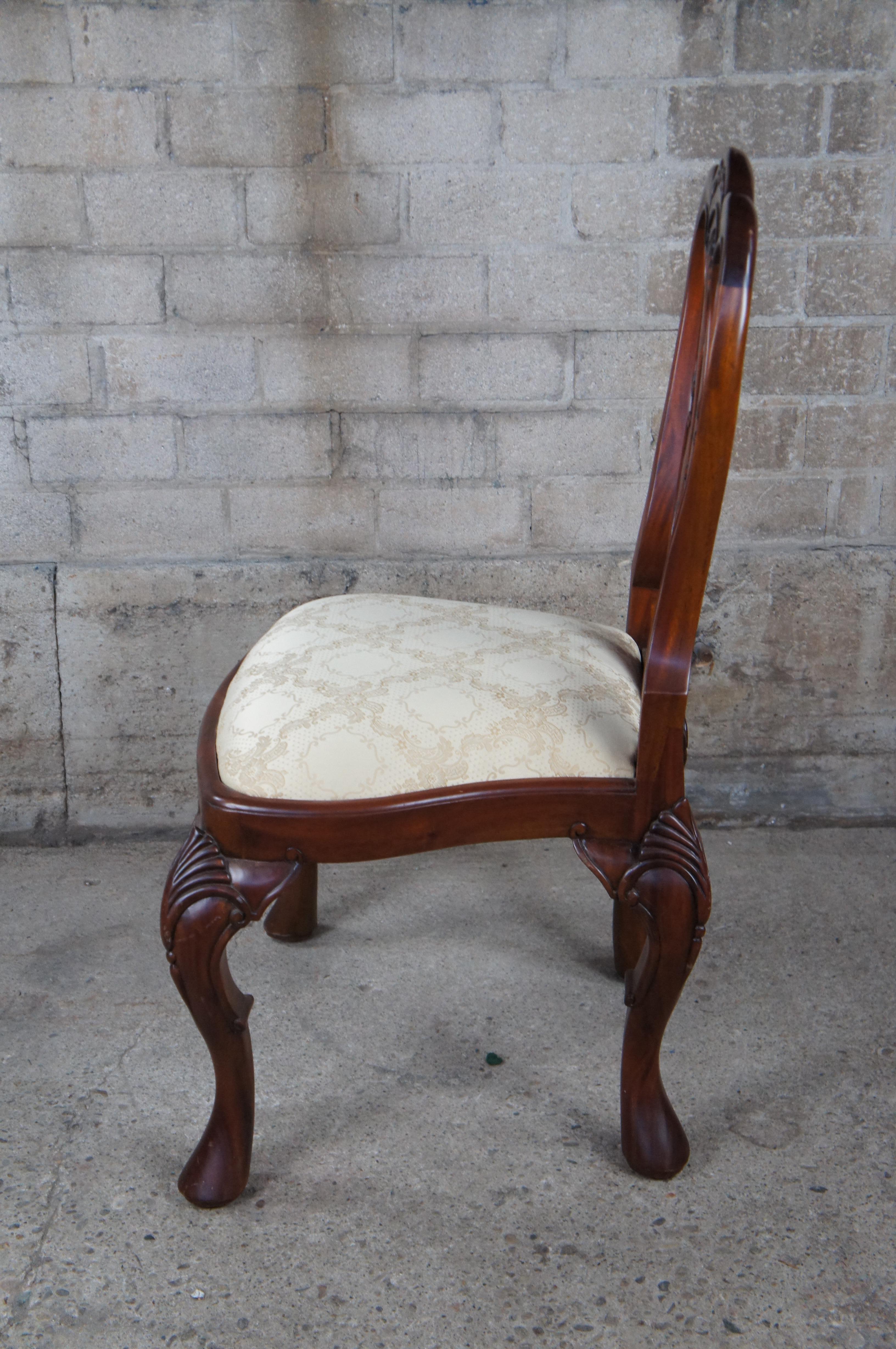 20th Century Georgian Queen Anne Style Carved Mahogany Dining Side Desk Chair Brocade Seat For Sale
