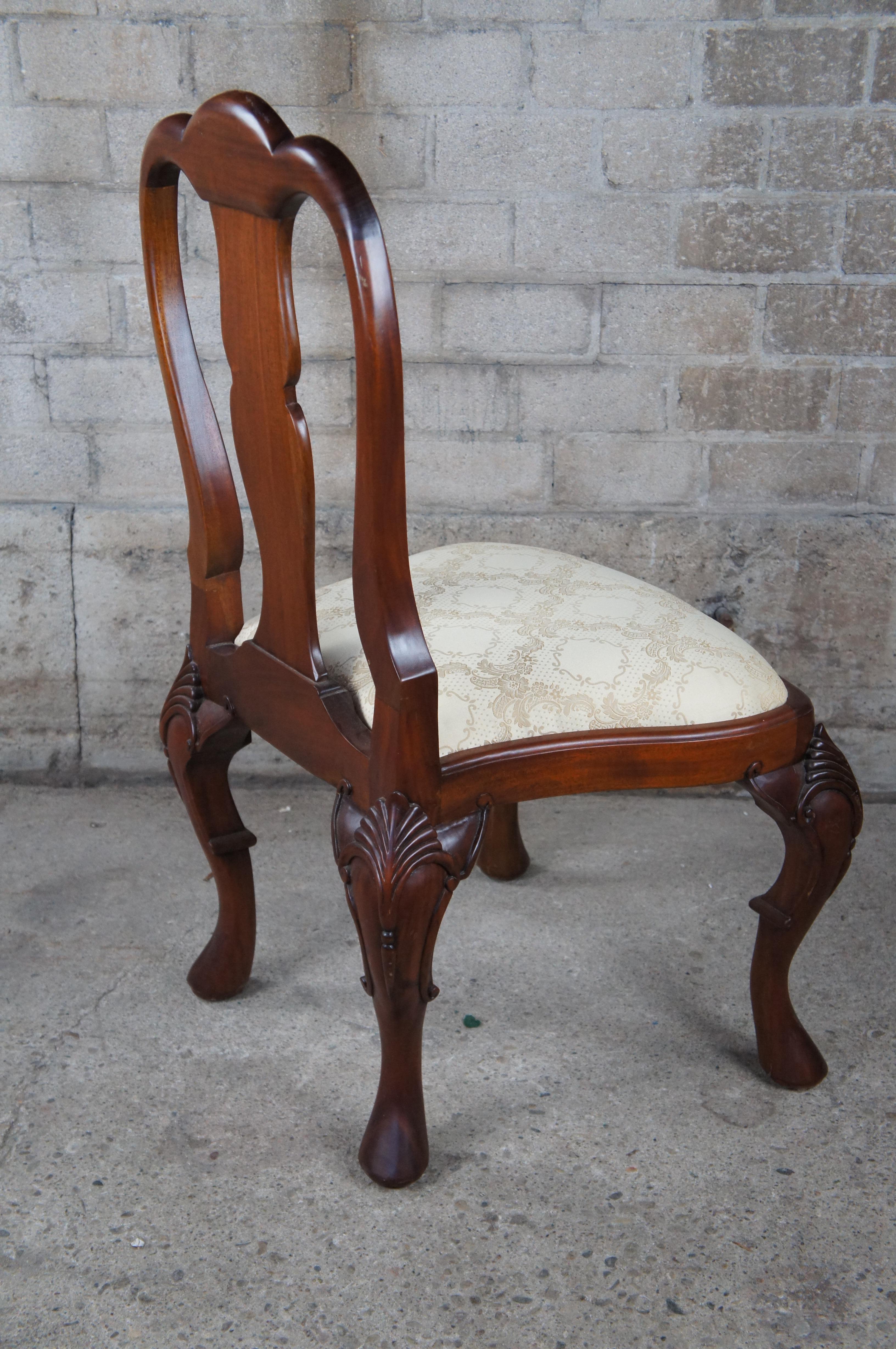 Georgian Queen Anne Style Carved Mahogany Dining Side Desk Chair Brocade Seat For Sale 1