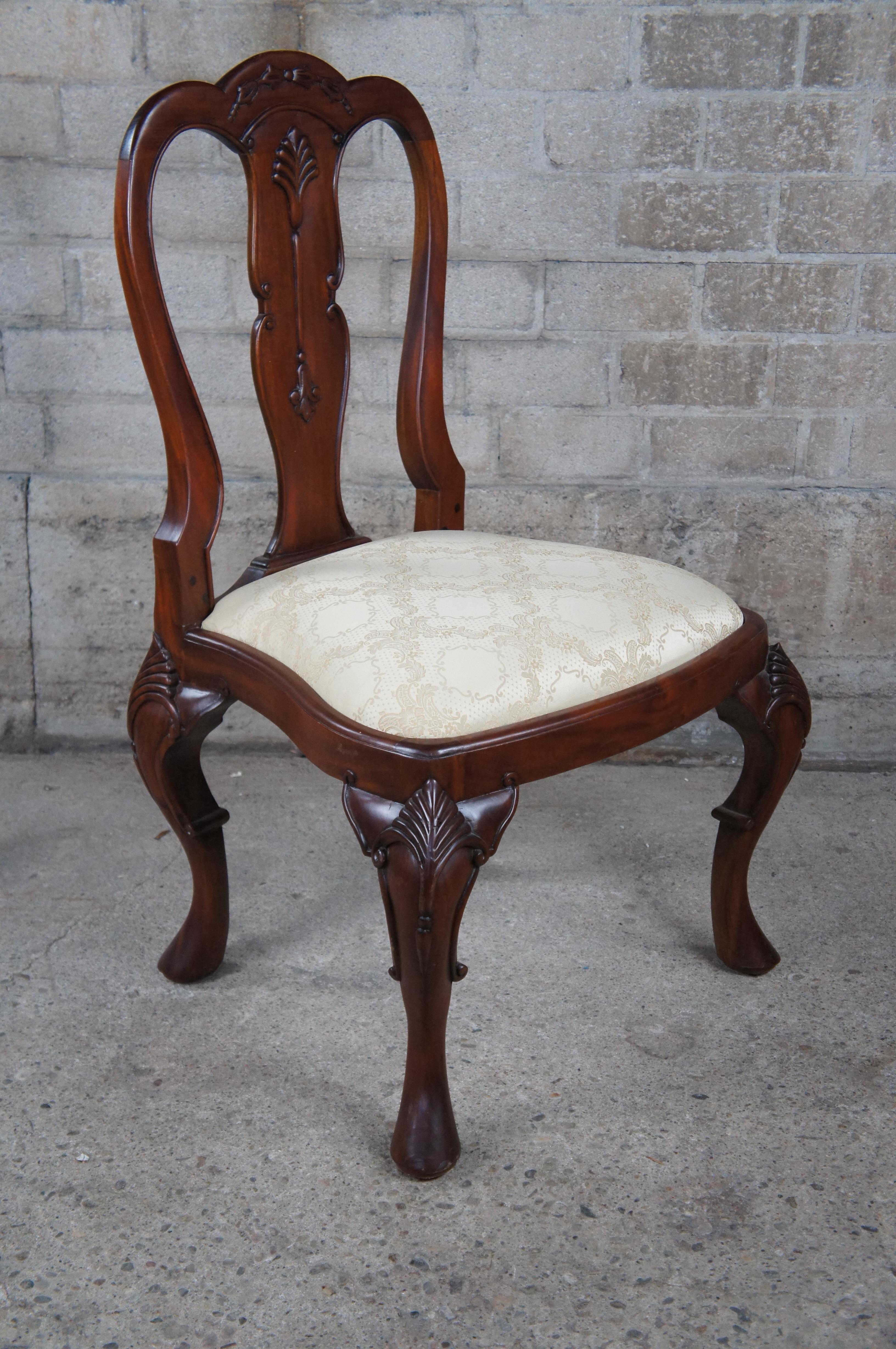 Georgian Queen Anne Style Carved Mahogany Dining Side Desk Chair Brocade Seat For Sale 2