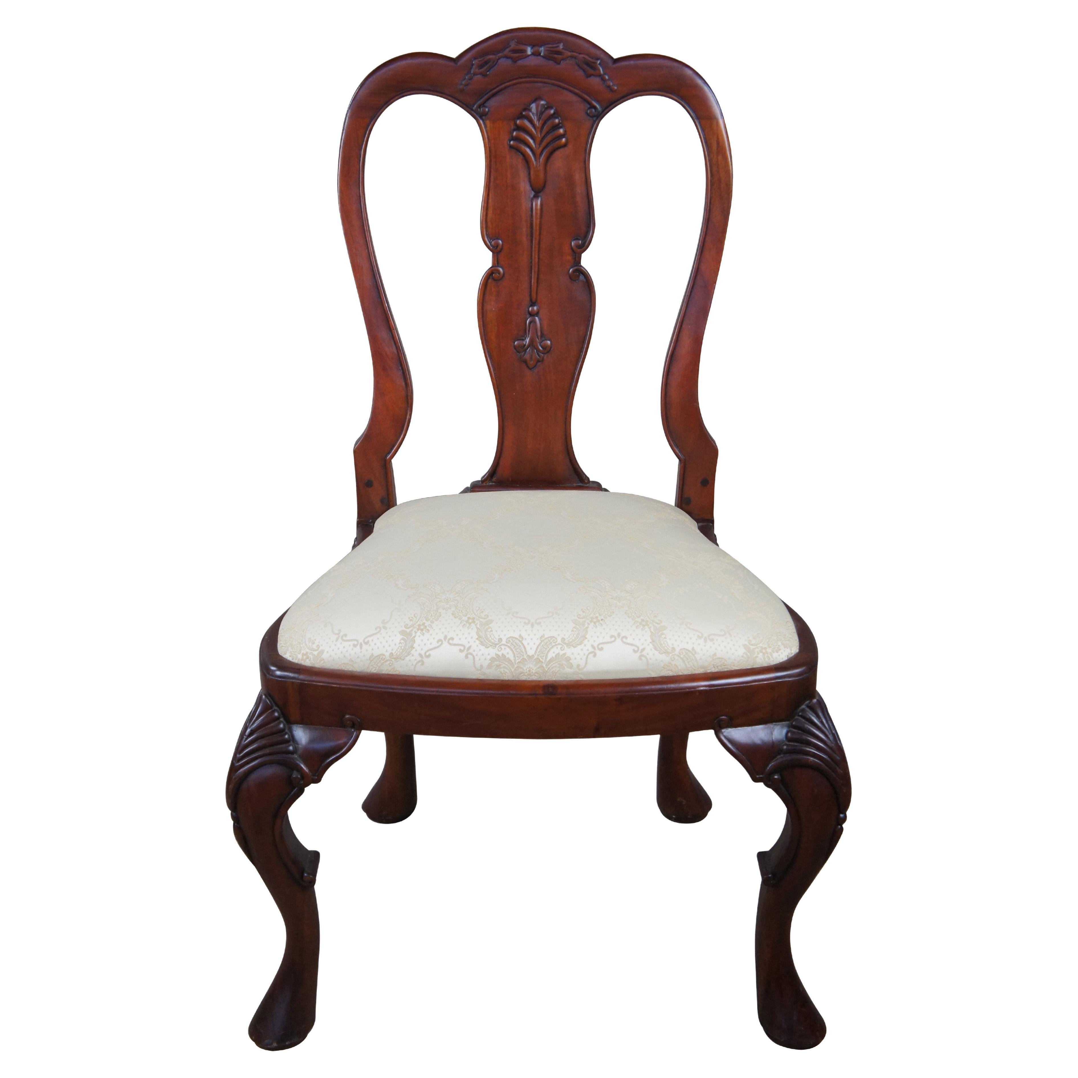 Georgian Queen Anne Style Carved Mahogany Dining Side Desk Chair Brocade Seat For Sale