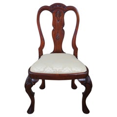 Georgian Queen Anne Style Carved Mahogany Dining Side Desk Chair Brocade Seat