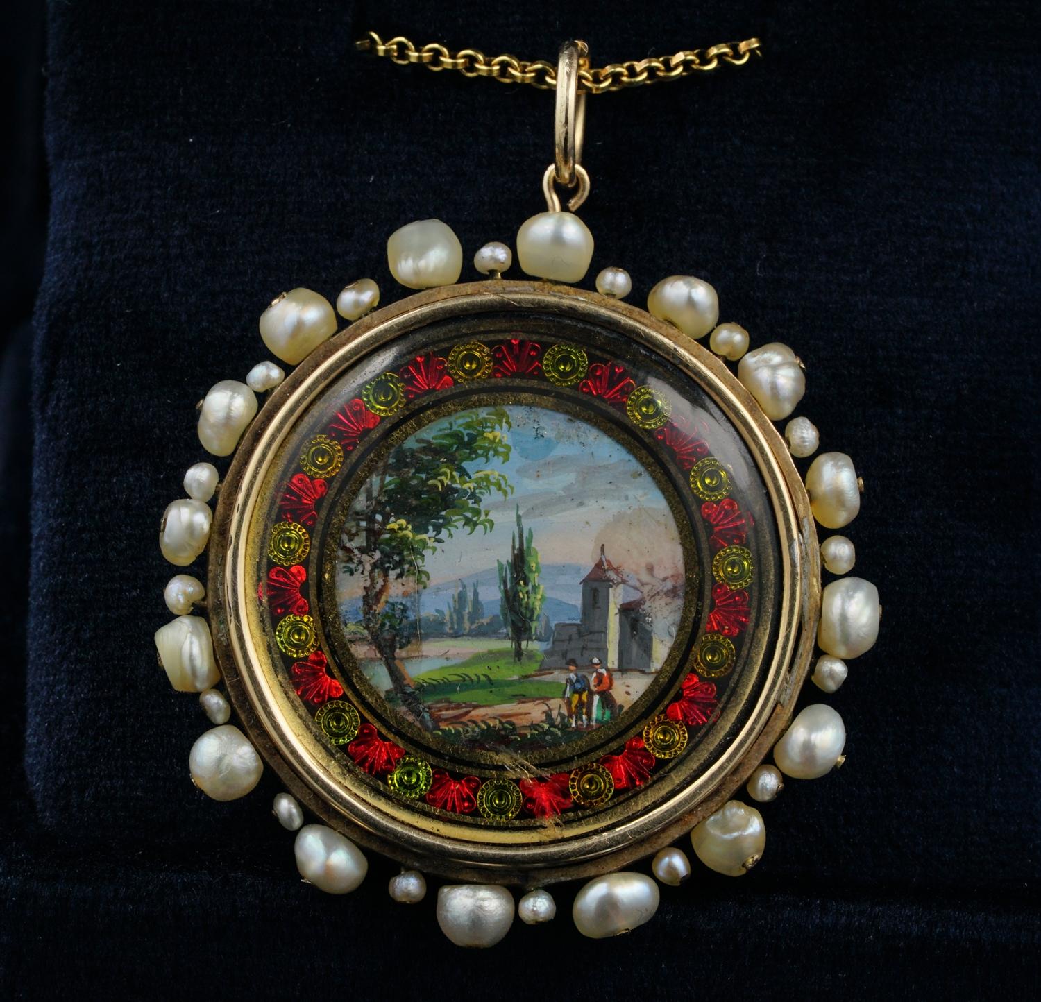 Views in Memory

Magnificent Georgian Miniature 1800 ca beautifully hand painted with precious enamelling work depicting probably an Italian view with two figures, finely worked with lovely colours, full of details
Framed by amazing enamelling work