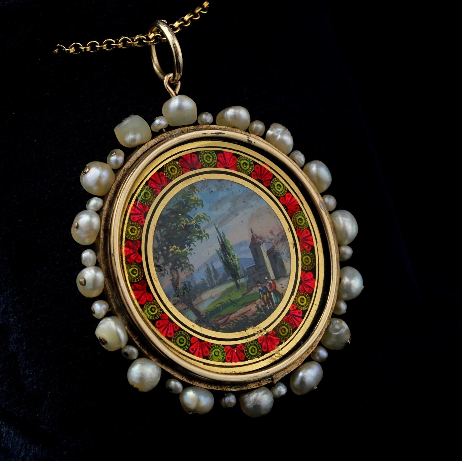 Women's or Men's Georgian Rare Natural Pearl Painted Miniature Enamel Pendant 18 Karat For Sale